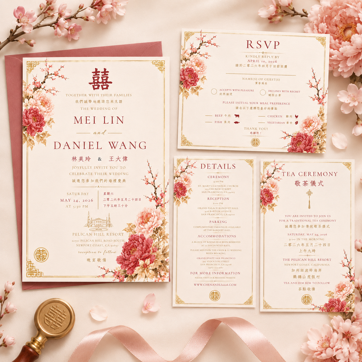 Blush pink Chinese wedding suite with invitation, RSVP, details and tea ceremony cards