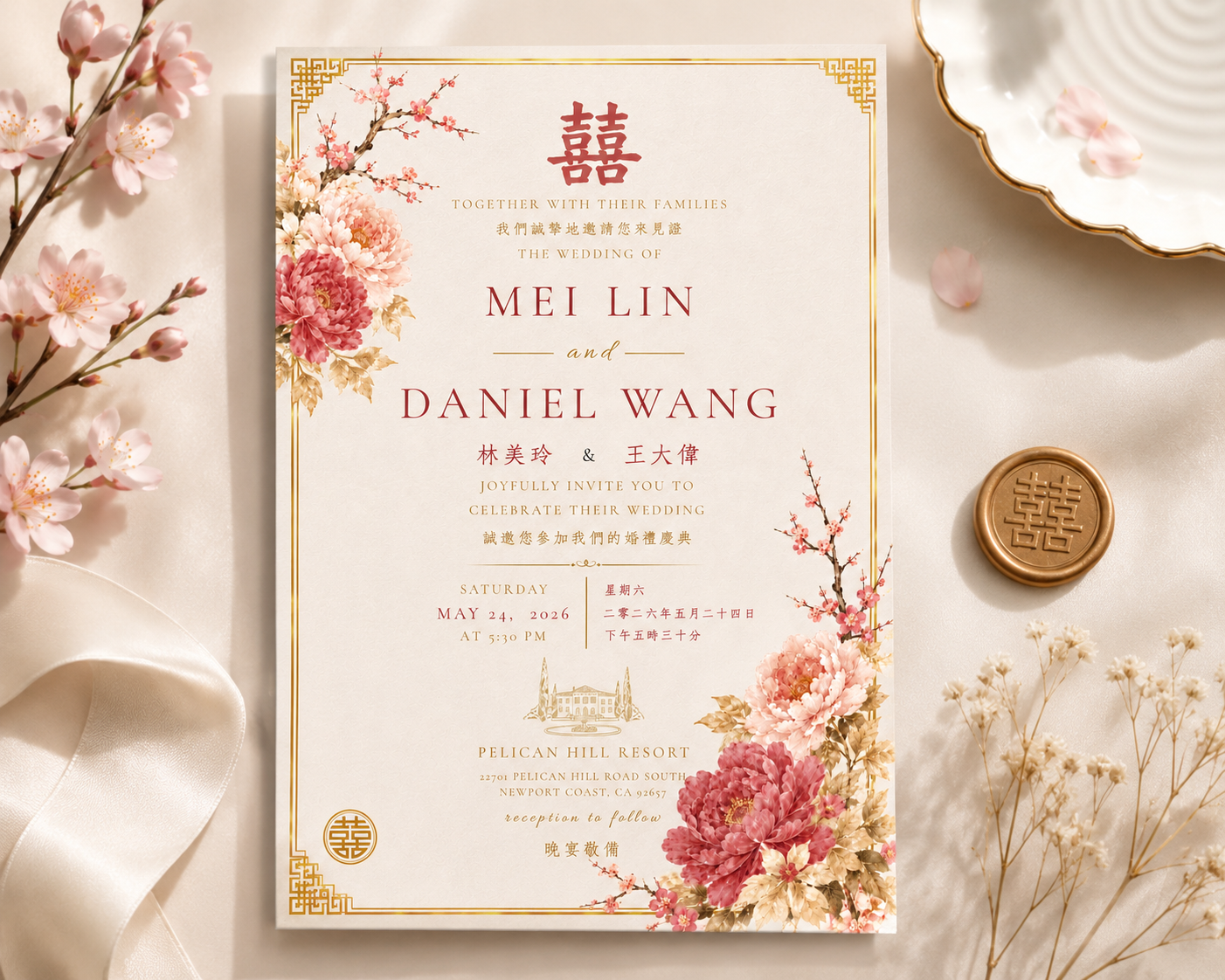 Blush pink Chinese wedding invitation with gold Double Happiness and floral details