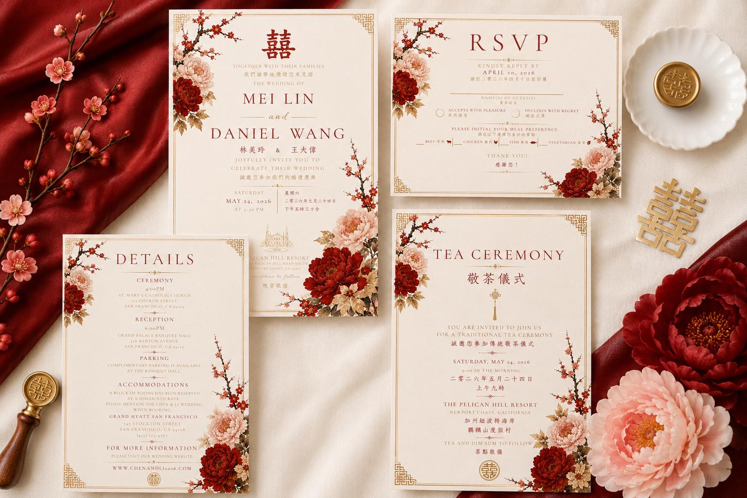 Classic Red bilingual Chinese wedding invitation suite