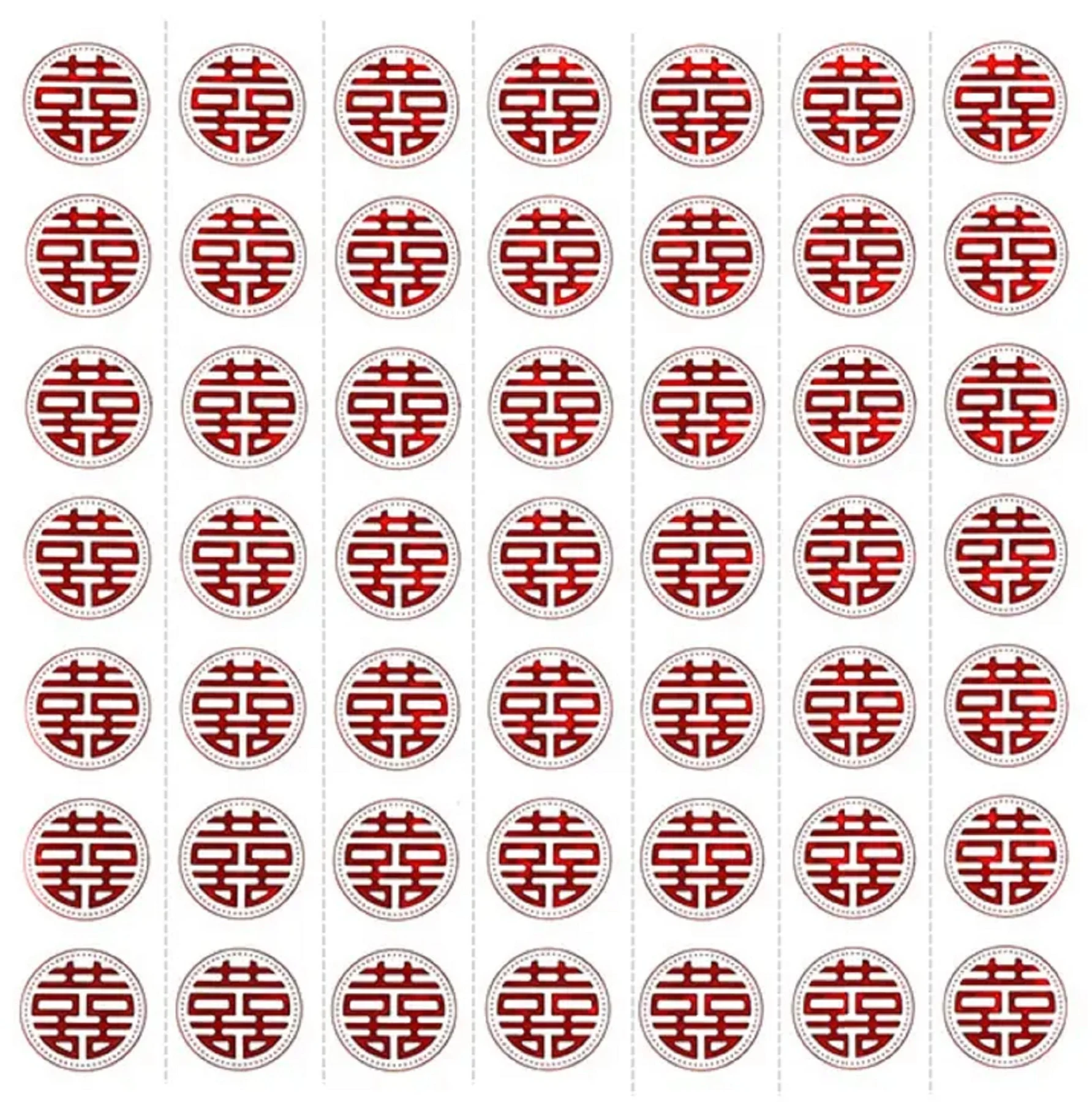 May include: A pattern of red double happiness symbols arranged in a grid. Each symbol is a circle with a red design and a white border. The background is white with dotted lines separating the rows and columns of symbols.