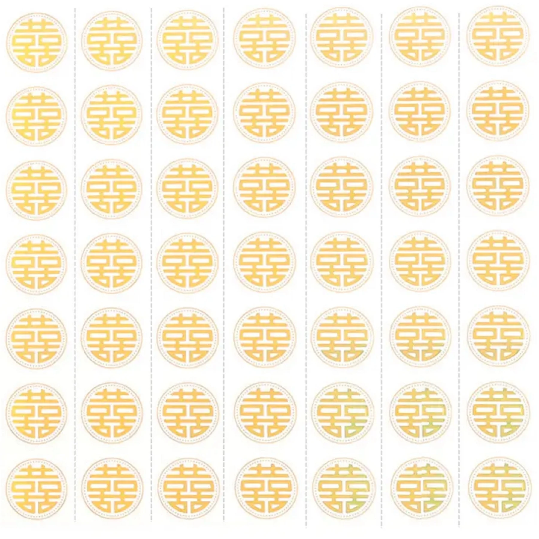 May include: A repeating pattern of gold-colored, circular designs on a white background. Each circle contains a stylized, symmetrical symbol. The design is arranged in neat rows and columns, with dotted vertical lines separating the columns.
