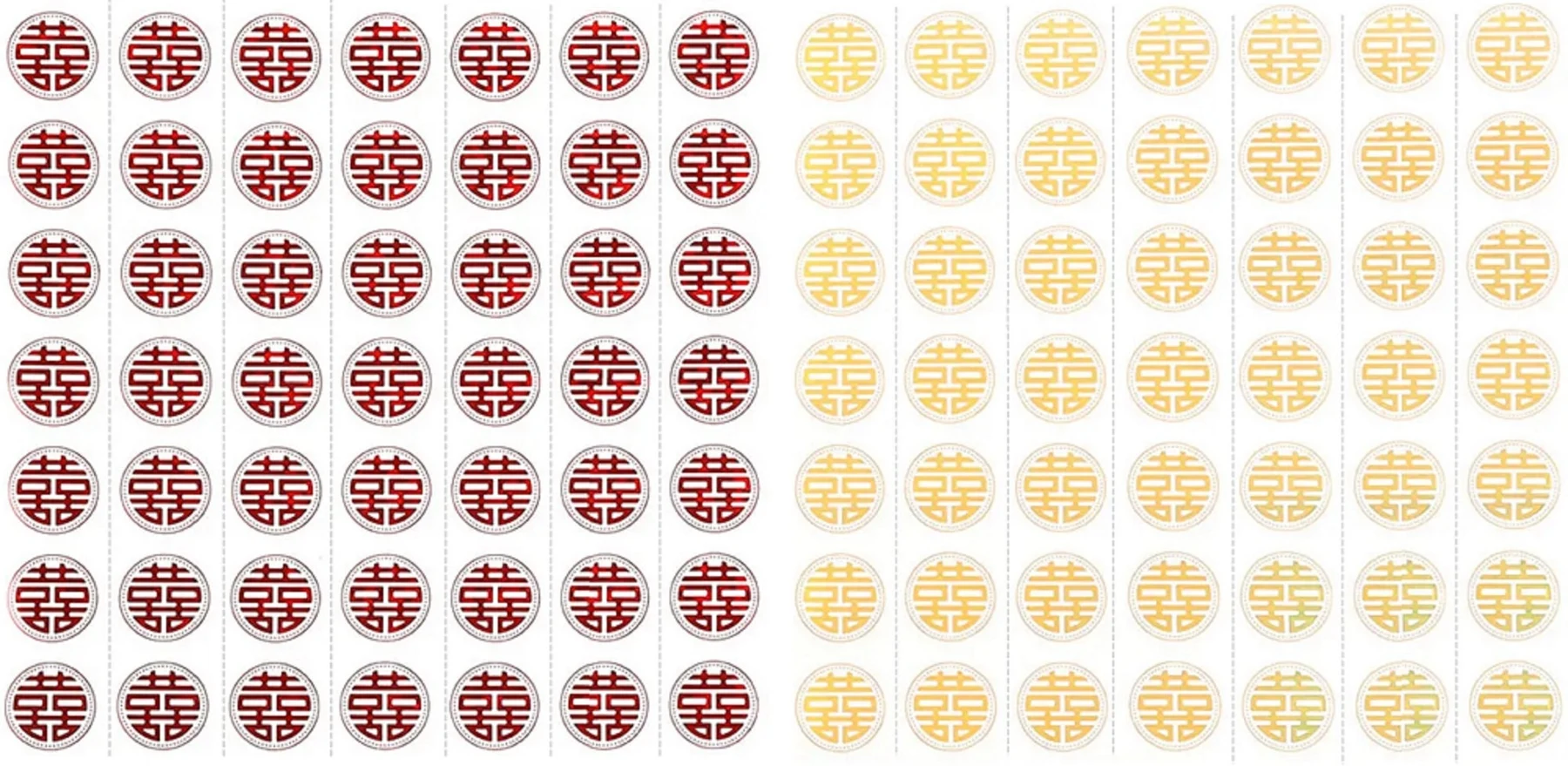 May include: A pattern of circular designs featuring a double happiness symbol in red and gold. The repeating pattern is arranged in rows and columns on a white background, with each circle outlined in white.