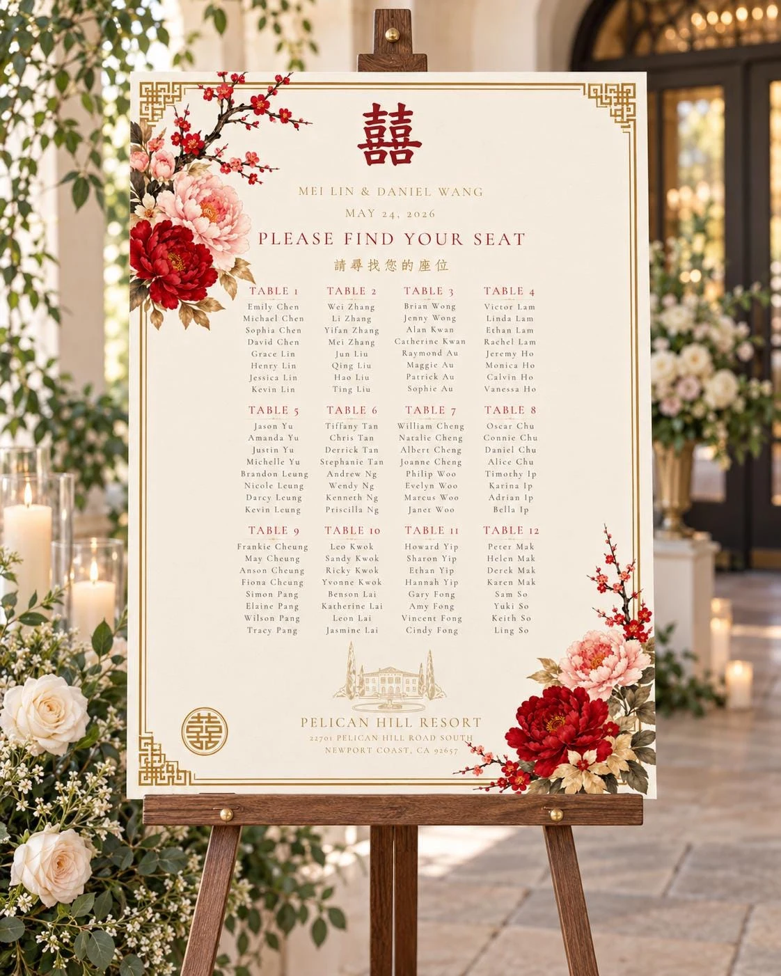 May include: A wedding seating chart sign on a wooden easel featuring a cream background with gold borders, red floral accents, and the double happiness symbol. The text includes names, table numbers, and the Pelican Hill Resort location details.
