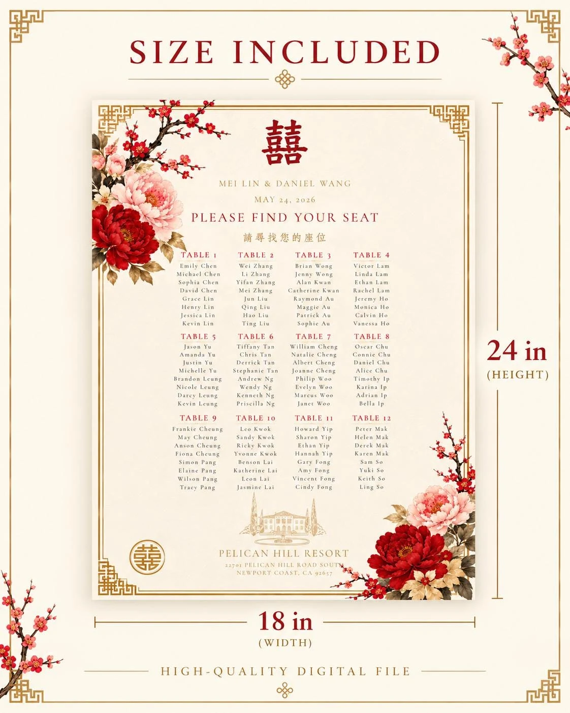May include: A wedding seating chart measuring 18 inches in width and 24 inches in height. The cream-colored sign features red floral accents, the double happiness symbol, and text listing table assignments for Mei Lin and Daniel Wang.