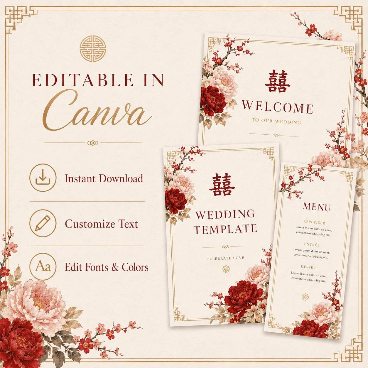 May include: A digital wedding stationery template set featuring cream-colored paper with red and pink peony floral illustrations. The text includes 'WELCOME TO OUR WEDDING', 'WEDDING TEMPLATE', and 'MENU' with the Chinese double happiness symbol.