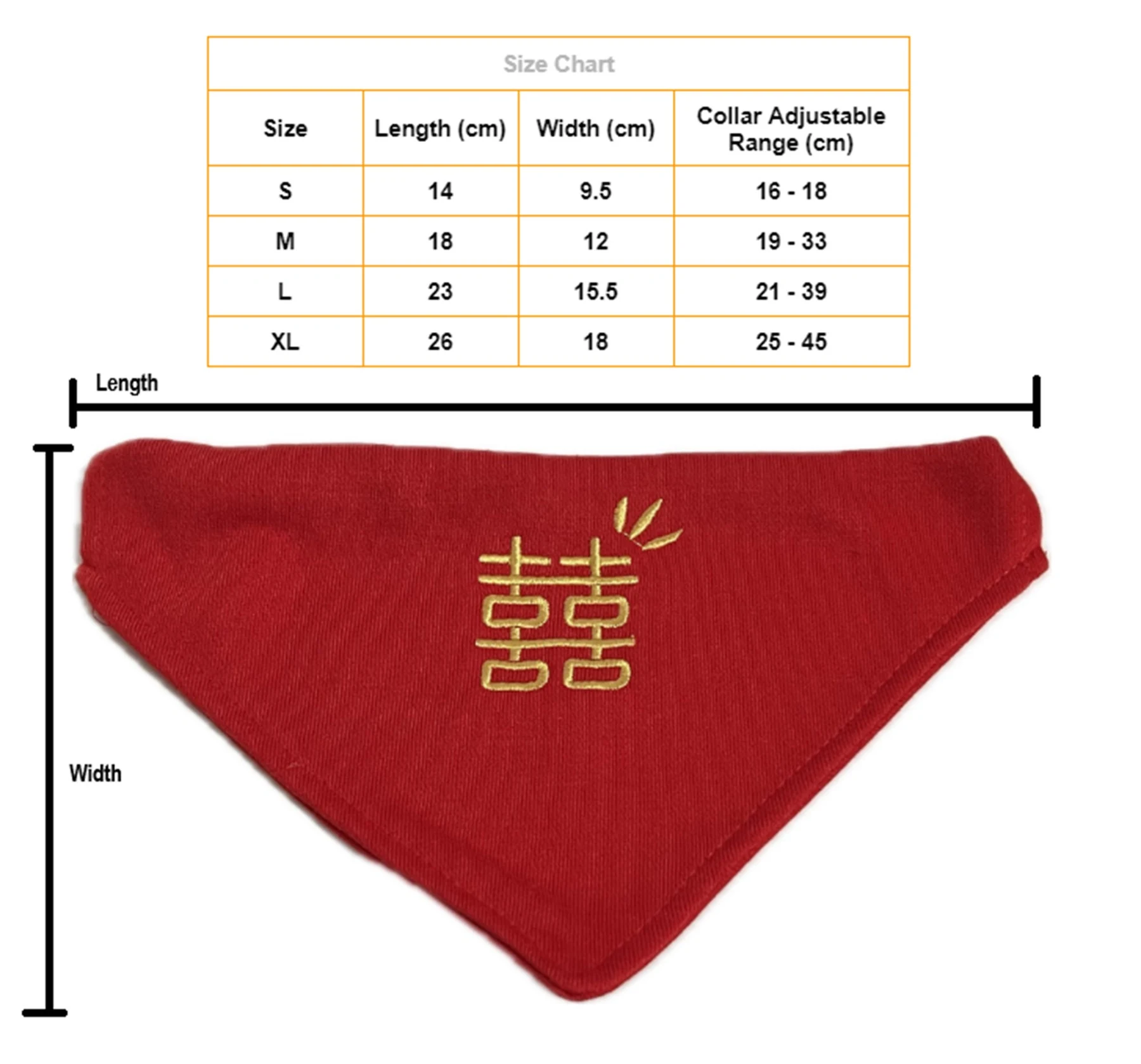 May include: Red dog bandana with a gold embroidered Chinese character for double happiness. The bandana is shown laid flat with measurements for different sizes: S (14 cm length, 9.5 cm width, 16-18 cm collar adjustable range), M (18 cm length, 12 cm width, 19-33 cm collar adjustable range), L (23 cm length, 15.5 cm width, 21-39 cm collar adjustable range), XL (26 cm length, 18 cm width, 25-45 cm collar adjustable range).