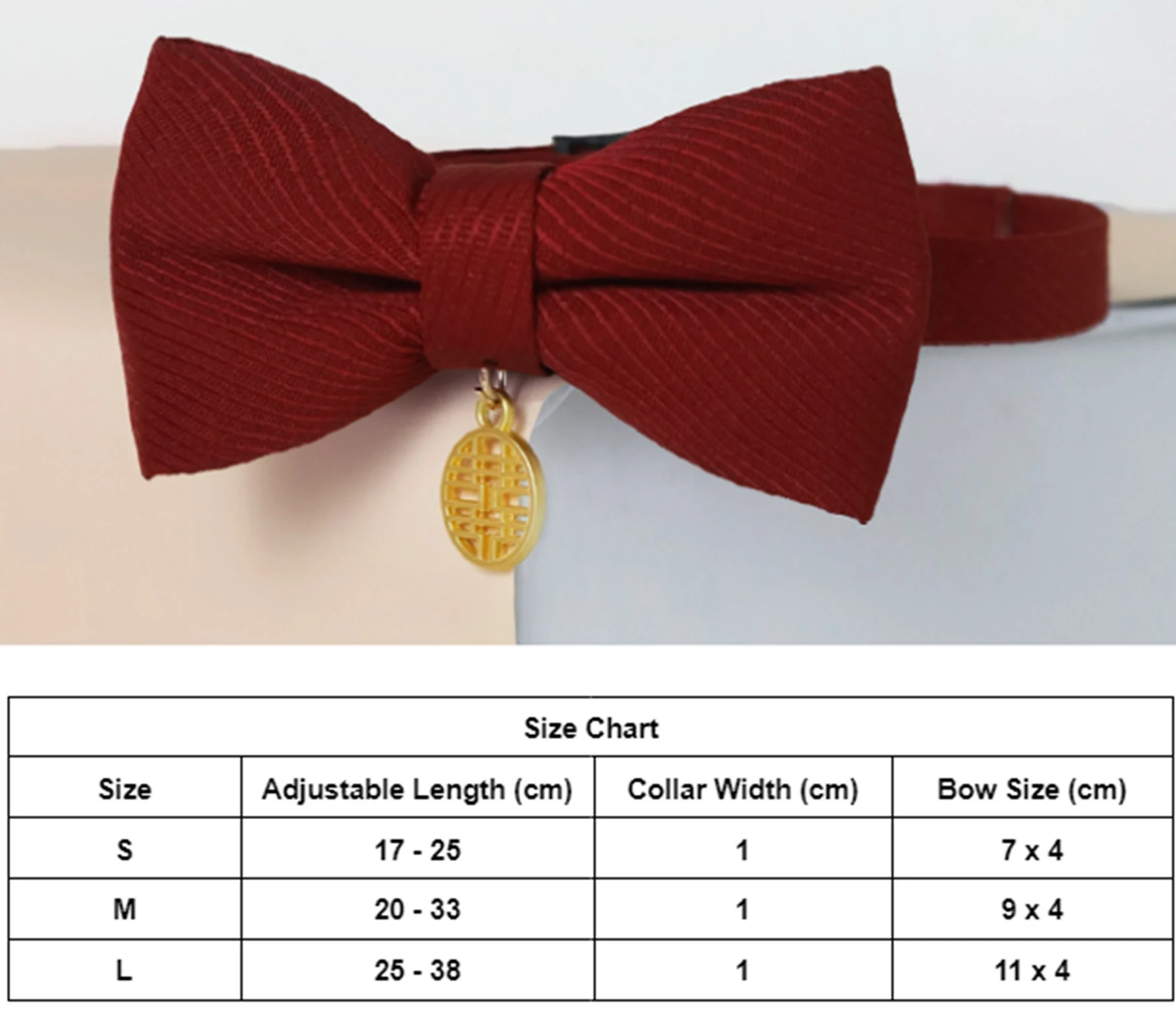 May include: Red bow tie collar for pets with adjustable length from 17 to 38 cm. The collar is 1 cm wide and comes in three sizes: S, M, and L. The bow tie is available in sizes 7 x 4 cm, 9 x 4 cm, and 11 x 4 cm.