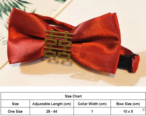 May include: Red bow tie with a gold double happiness symbol. The bow tie is adjustable and has a collar width of 1 inch. The bow size is 10 inches by 5 inches.