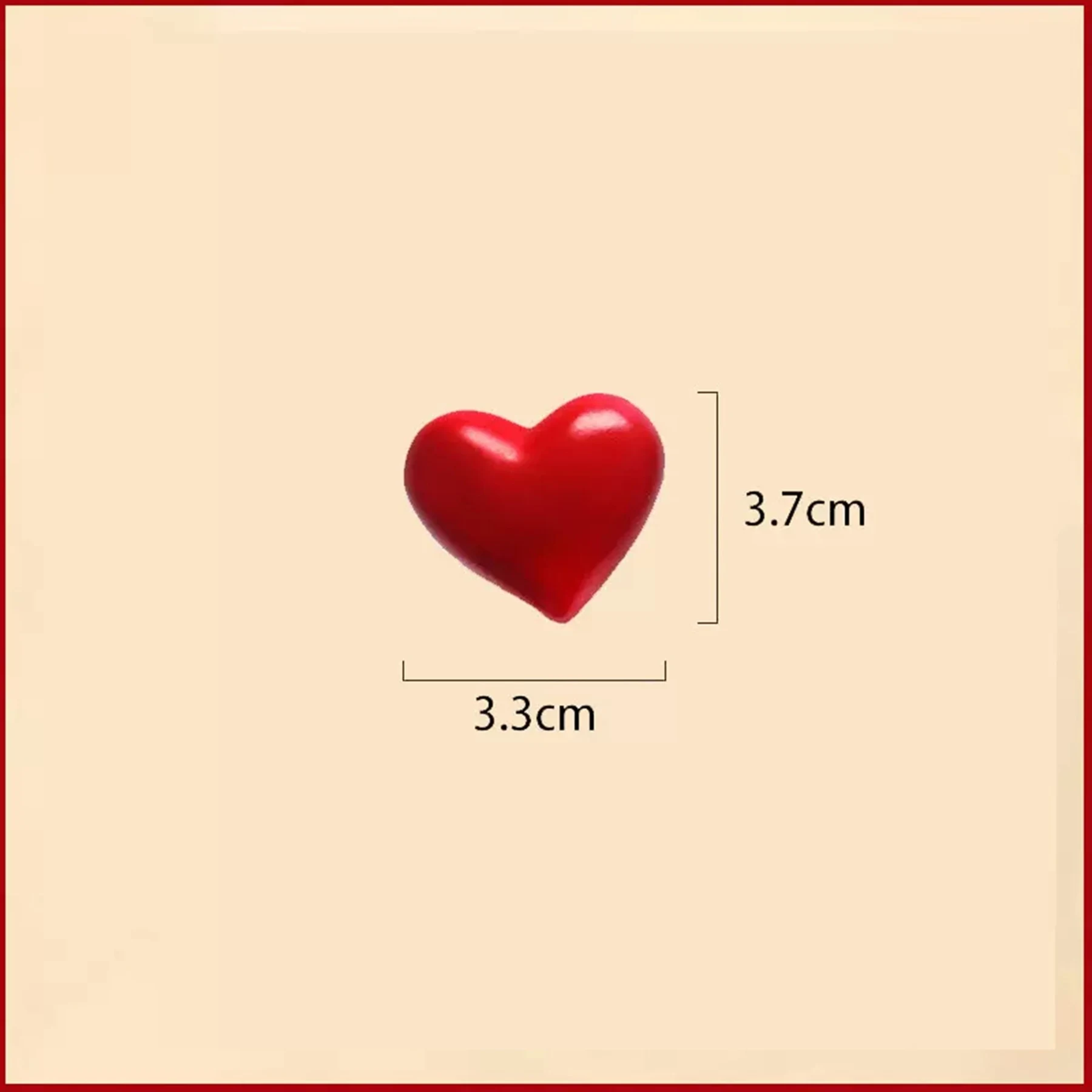 May include: A red heart-shaped object, measuring 3.3 inches wide and 3.7 inches tall.