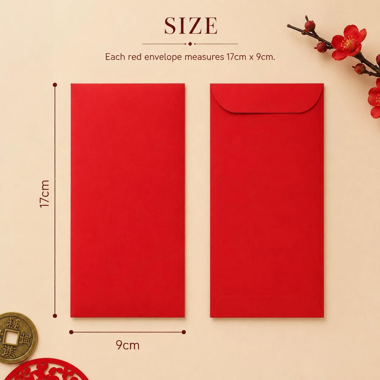 May include: Two rectangular red envelopes, one showing the front and one showing the back flap. Text states SIZE and Each red envelope measures 17cm x 9cm. A branch with red flowers and a round bronze coin are visible in the corners of the frame.