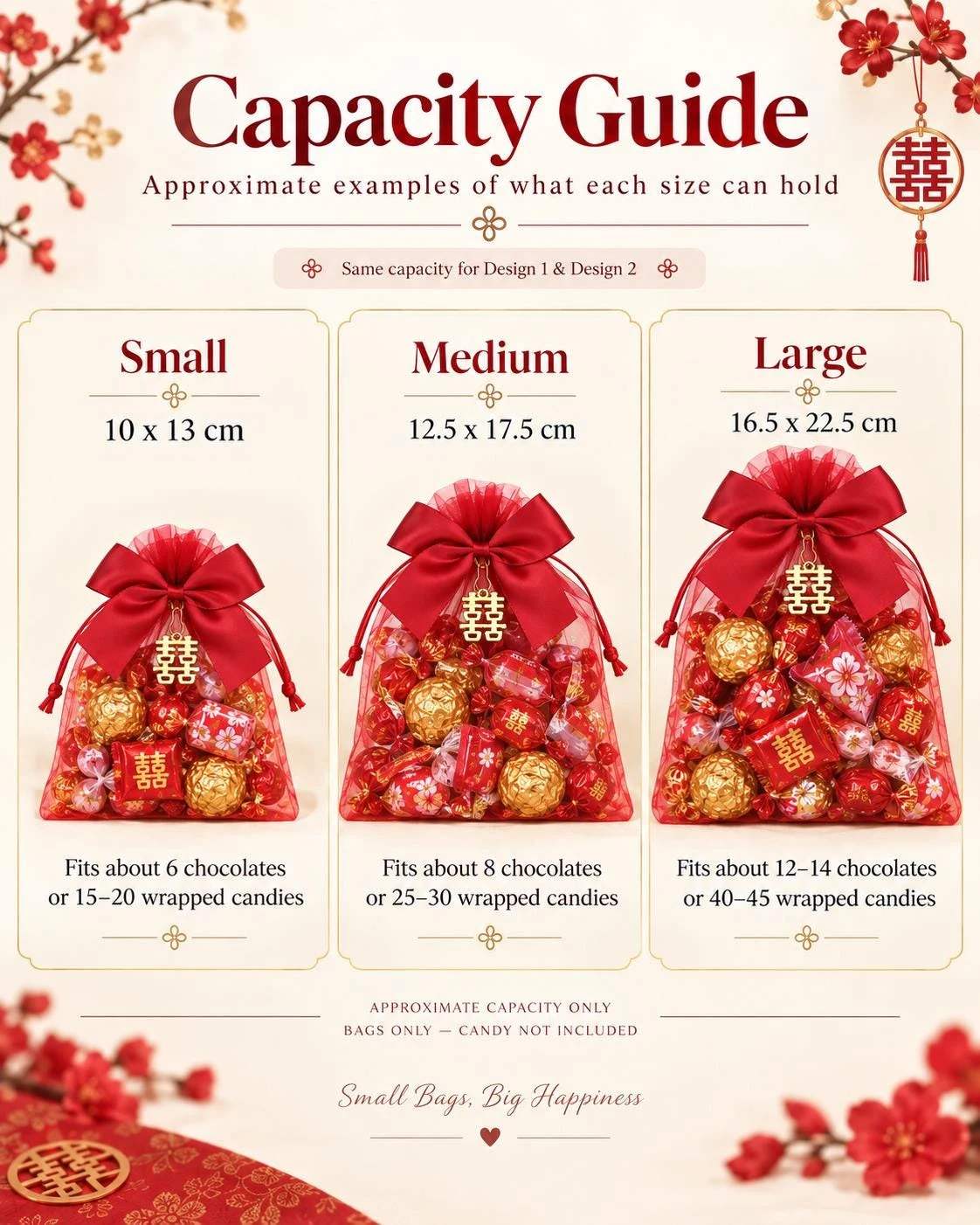 May include: A capacity guide infographic for red organza drawstring bags featuring three sizes: small (10 x 13 cm), medium (12.5 x 17.5 cm), and large (16.5 x 22.5 cm). Each bag is adorned with a red satin bow and a gold double happiness charm.