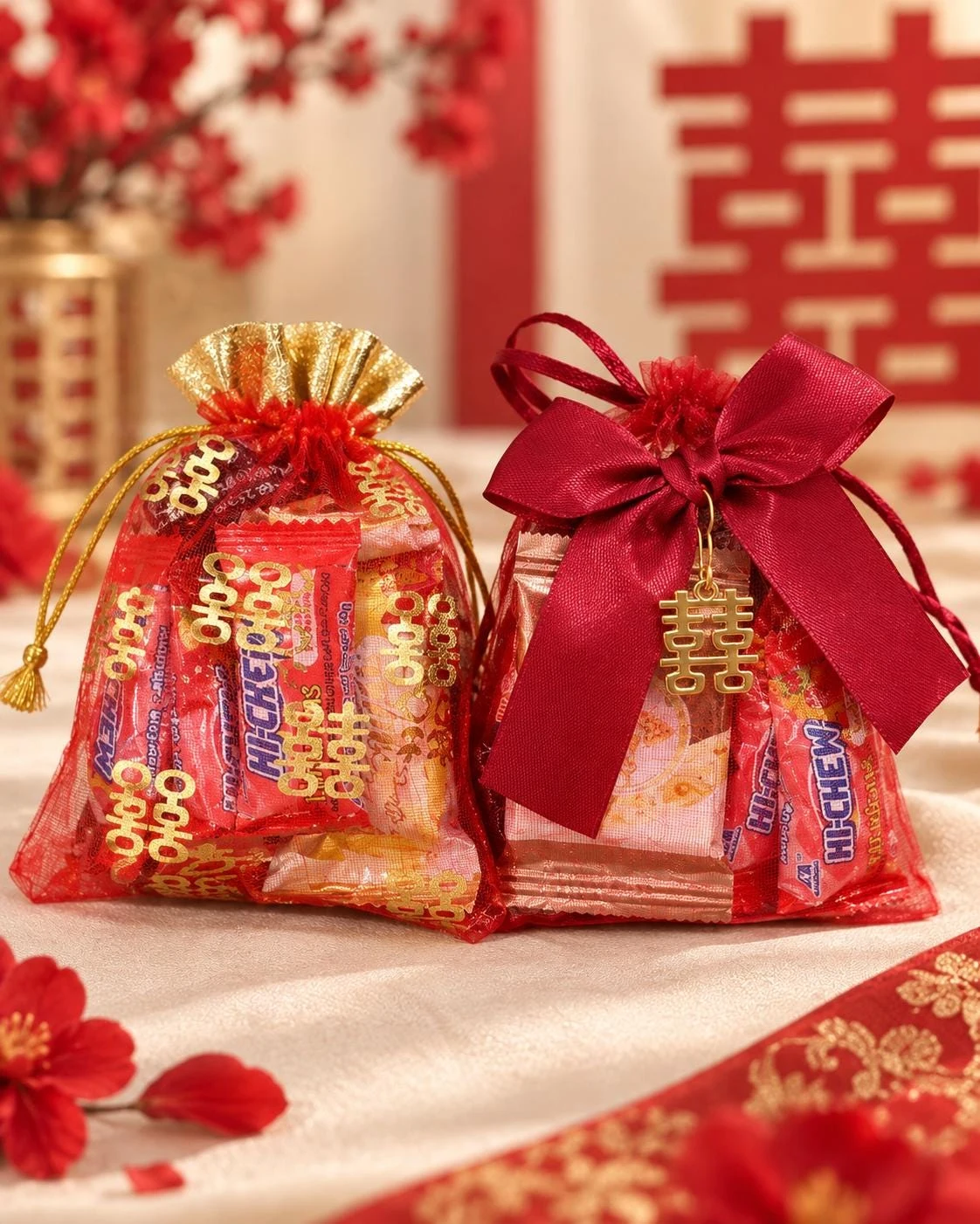 May include: Two red organza drawstring gift bags filled with Hi-Chew candy. The left bag has a gold drawstring and gold double happiness symbols. The right bag features a large dark red satin bow and a gold double happiness metal charm.