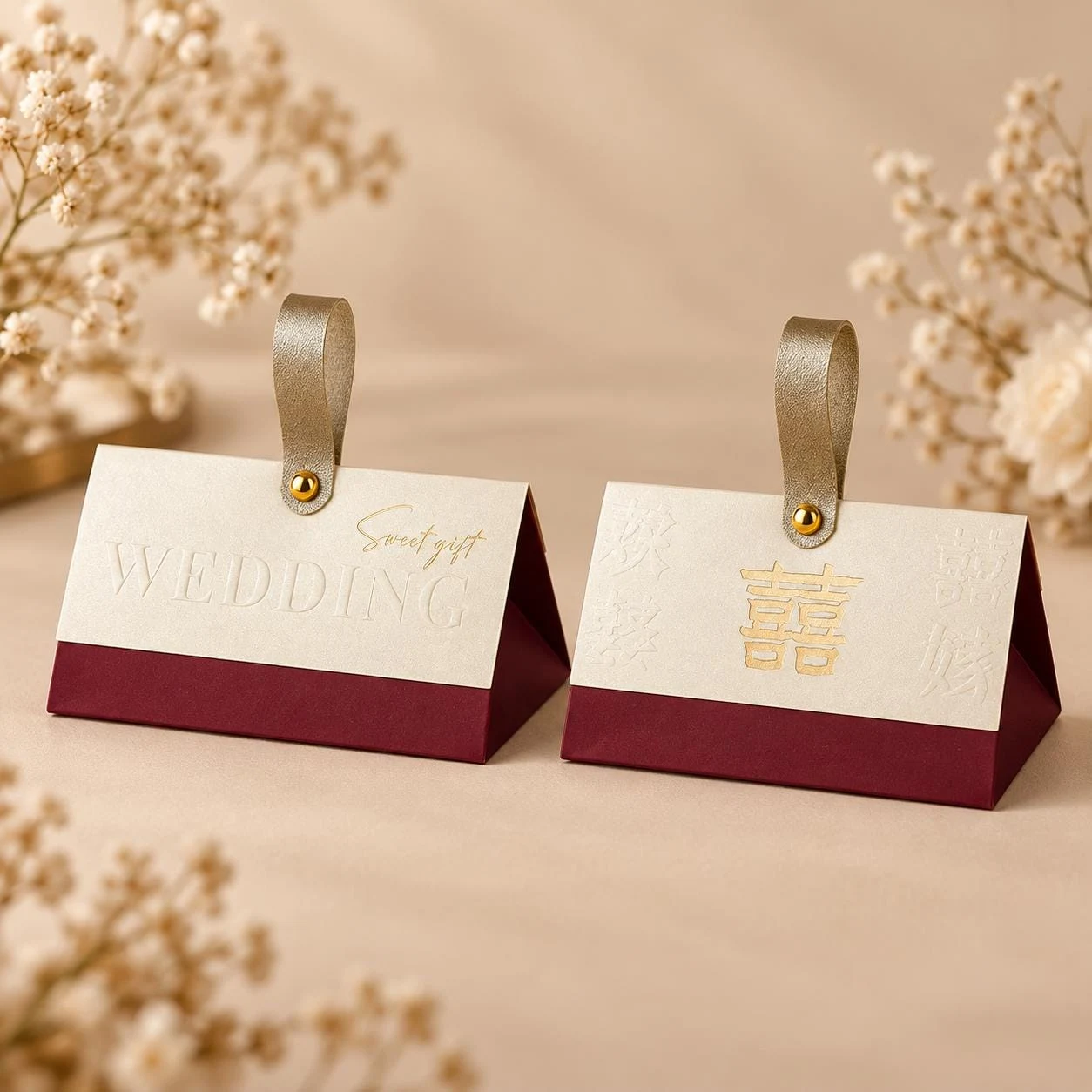 Burgundy & Cream Chinese Wedding Favor Boxes