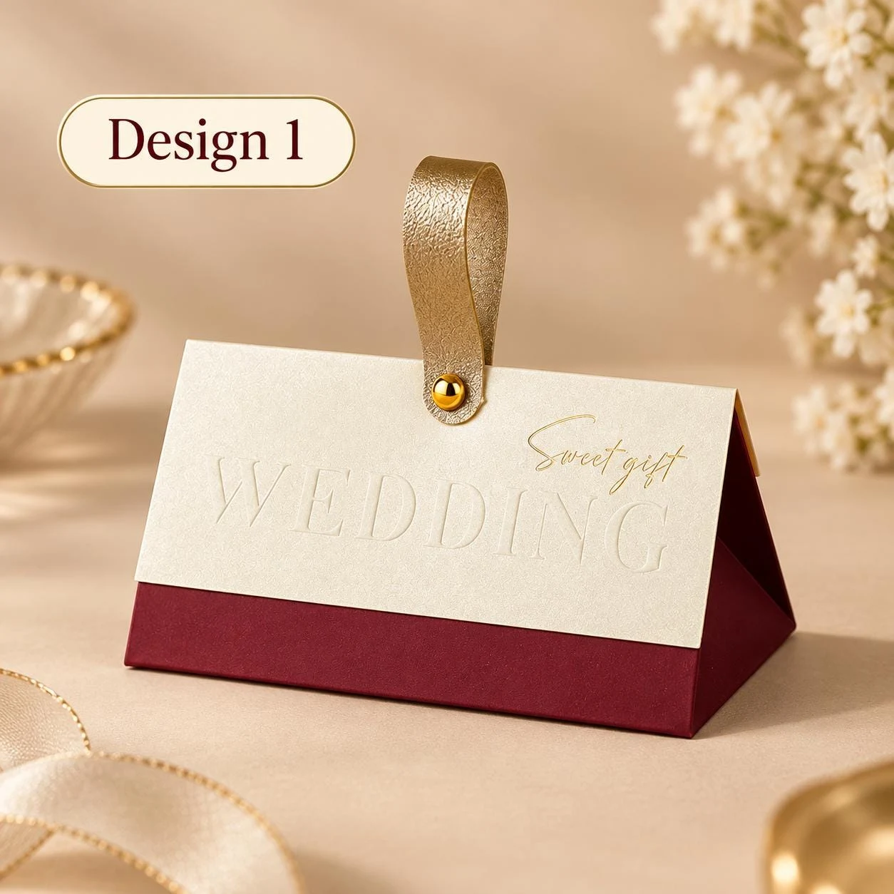 May include: A triangular gift box featuring a cream-colored top panel with the embossed text "WEDDING" and the script text "Sweet gift". A gold metallic handle is attached with a gold stud. The base of the box is a deep burgundy color.