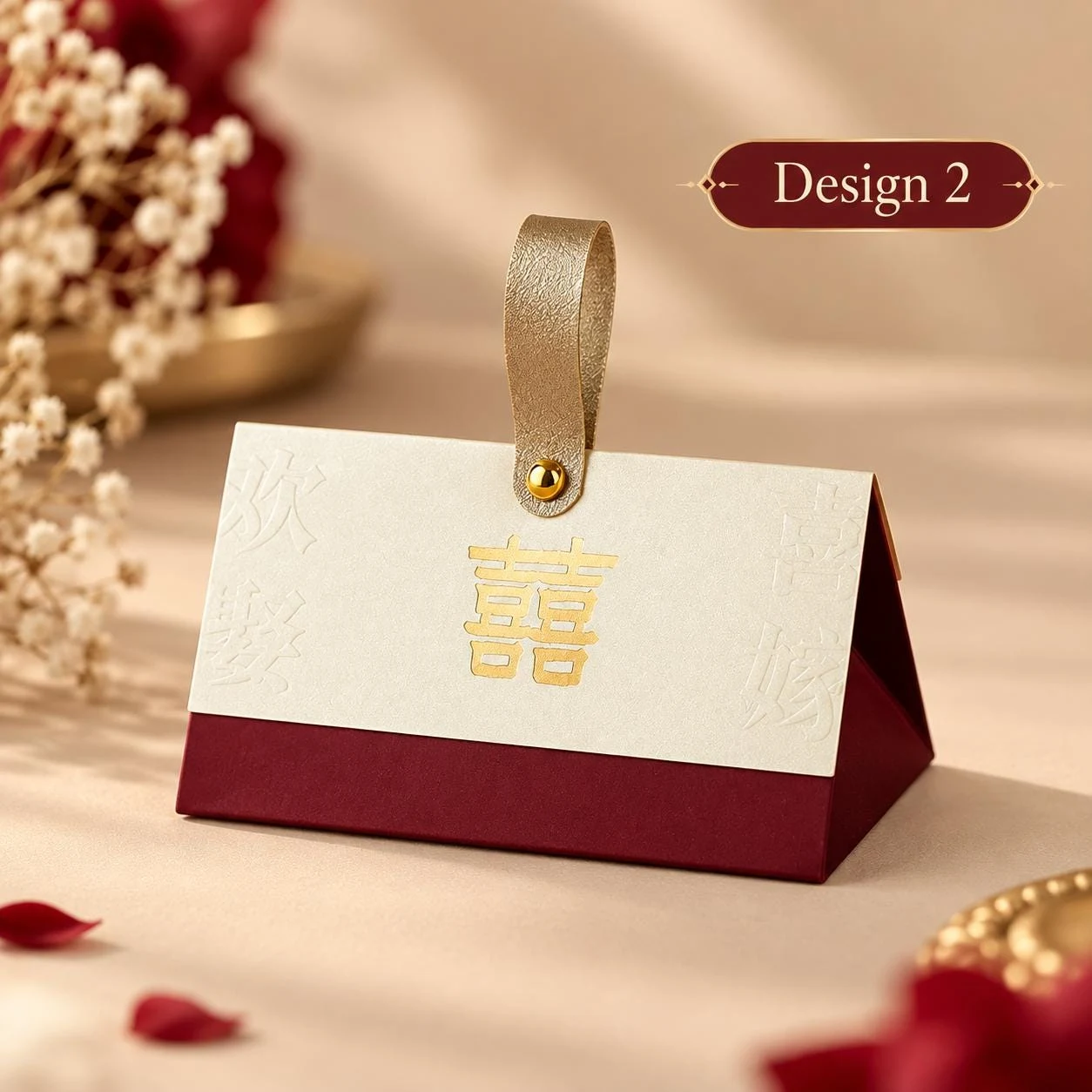 May include: A triangular gift box featuring a deep red base and a cream-colored top panel. The top panel displays a gold foil double happiness character, embossed Chinese text, and a gold-toned metallic stud securing a gold faux leather handle.