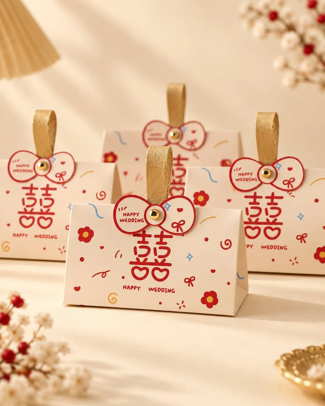 May include: Four cream-colored rectangular gift boxes featuring a red double happiness symbol, the text "HAPPY WEDDING," and small red flower and blue squiggle illustrations. Each box has a gold ribbon handle and a red bow-shaped paper closure.