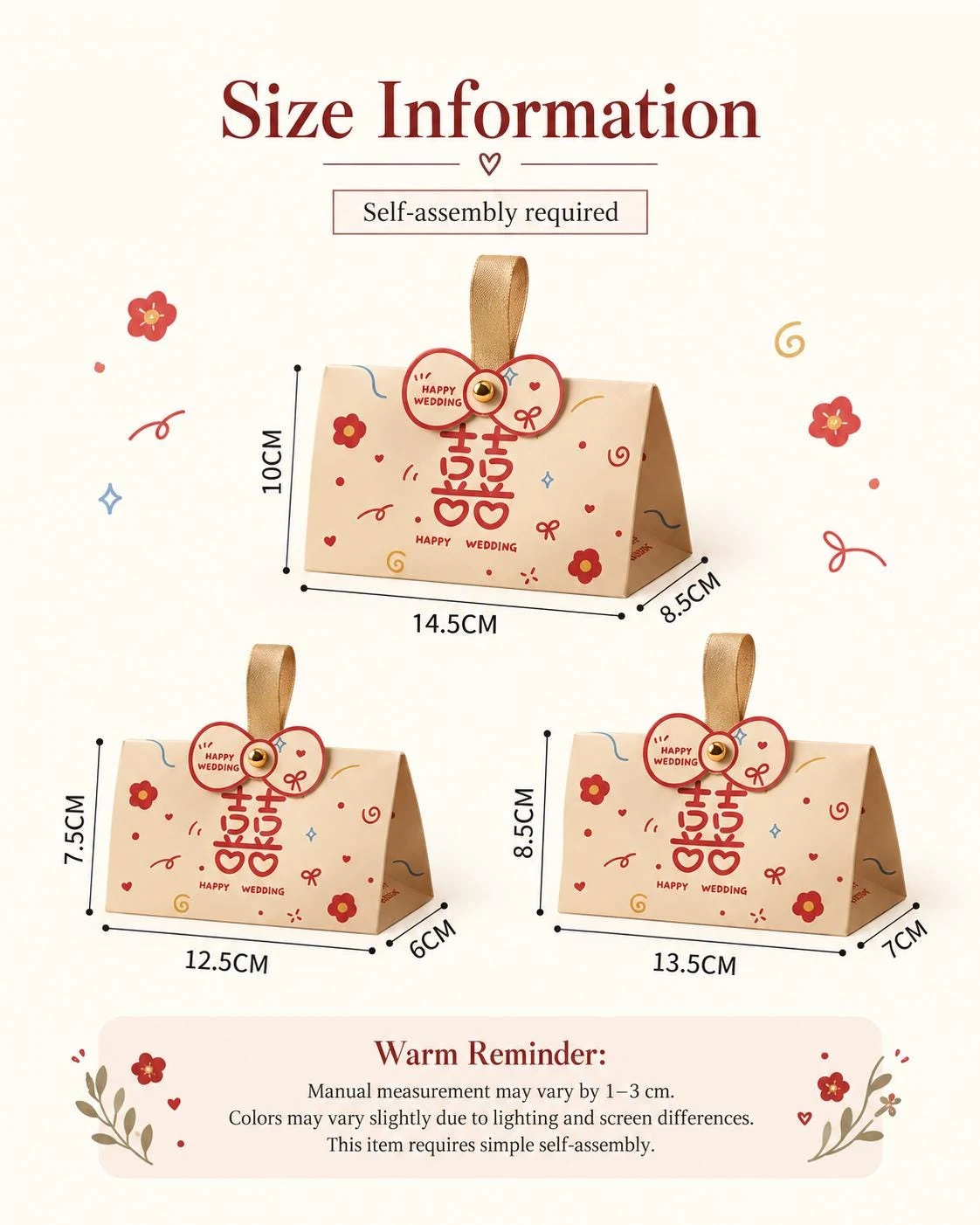 May include: Three beige cardboard gift boxes with a triangular shape and a handle. Each box features red floral patterns, the text 'HAPPY WEDDING', and a double happiness symbol. Dimensions are labeled as 10cm by 14.5cm by 8.5cm, 7.5cm by 12.5cm by 6cm, and 8.5cm by 13.5cm by 7cm.