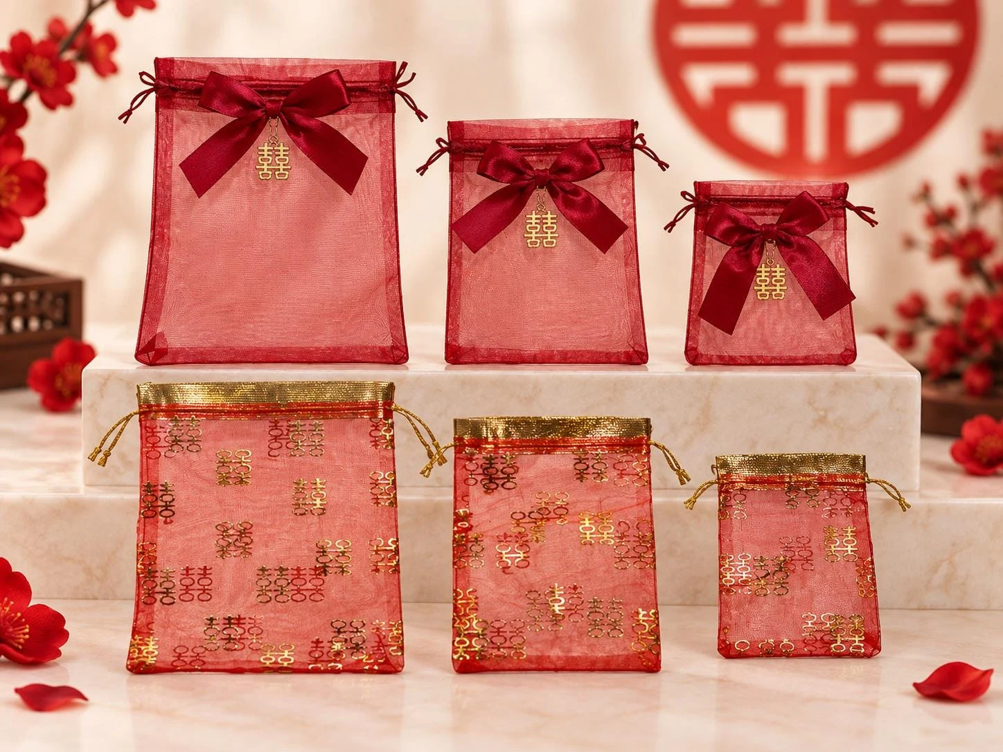 Chinese Double Happiness Organza Wedding Favor Bags