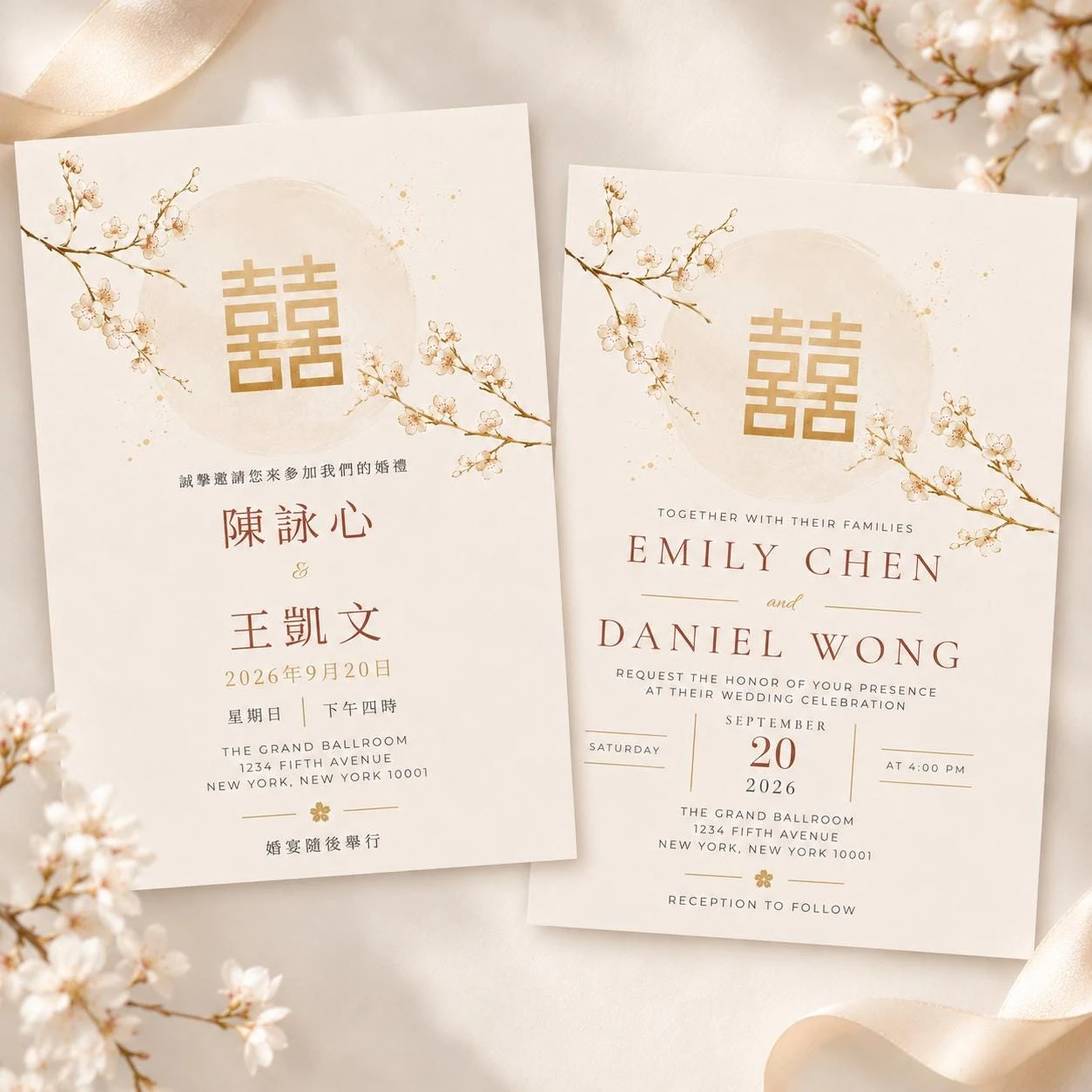 Gold Cherry Blossom Wedding Invitation