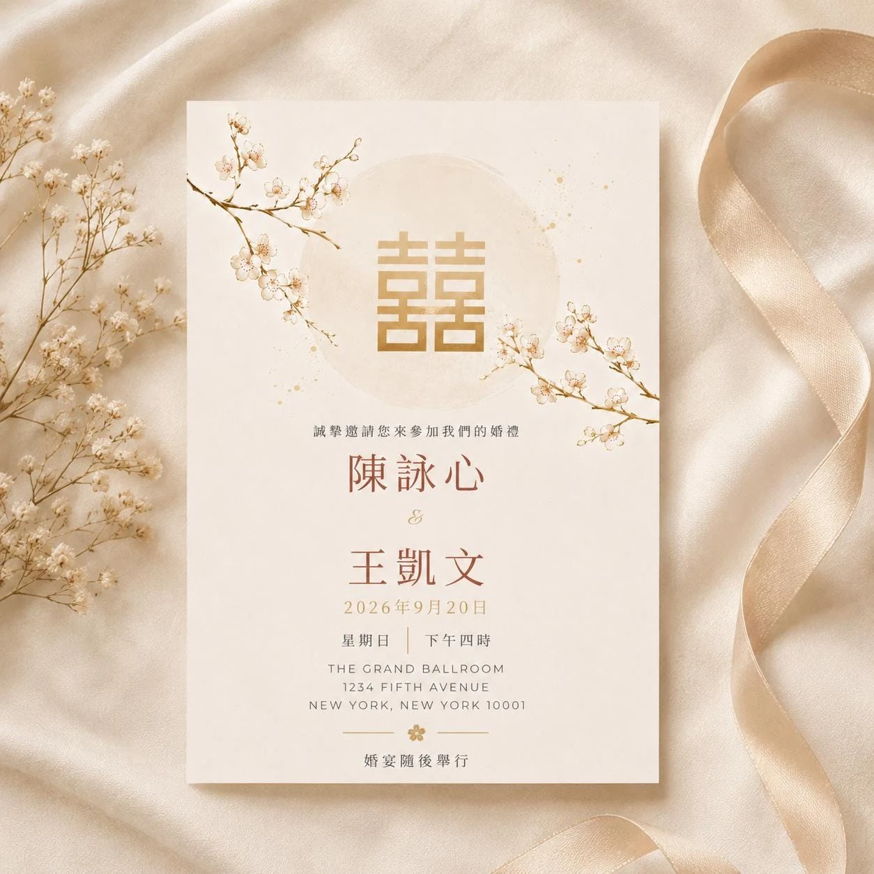 May include: A cream-colored wedding invitation with gold Chinese characters and floral accents. The invitation includes the names of the couple, the date, time, and location of the ceremony in New York City.