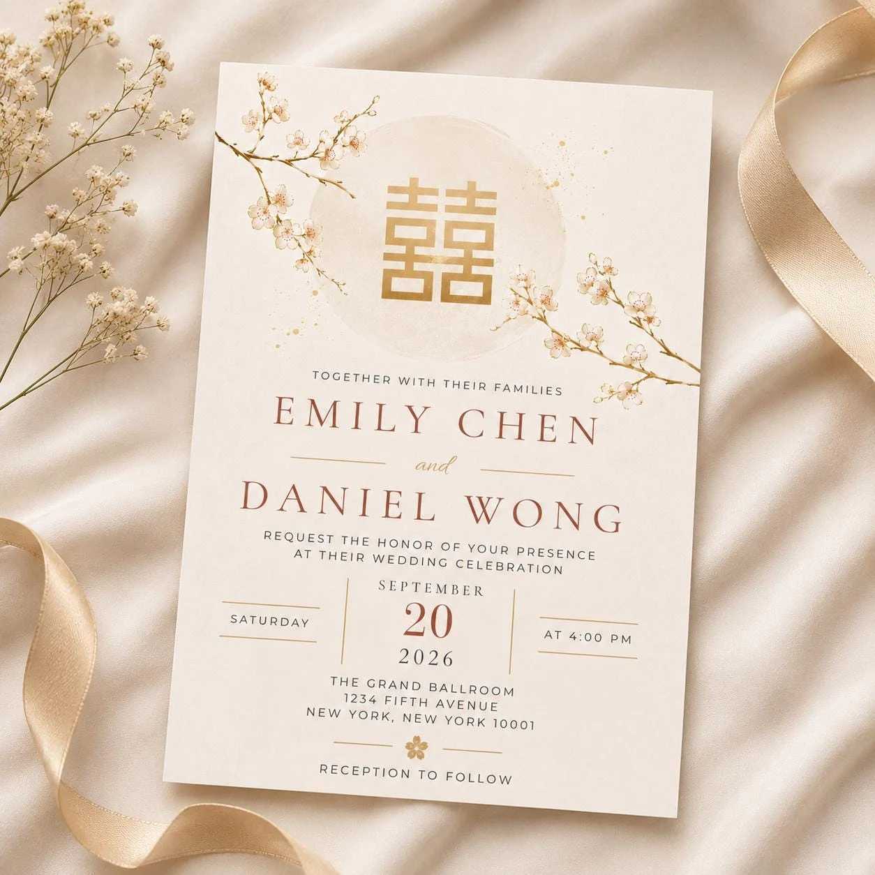 May include: Wedding invitation with a cream background, featuring gold accents and floral illustrations. The invitation includes the names Emily Chen and Daniel Wong, along with the date, time, and location of the wedding ceremony.