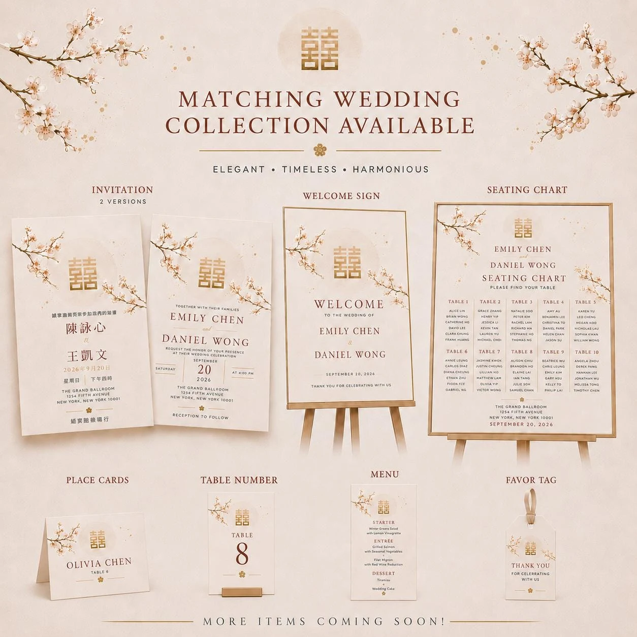May include: A collection of wedding stationery with a floral design and Chinese double happiness symbol. Includes invitations, welcome signs, seating charts, place cards, table numbers, menus, and favor tags. The text includes names and wedding details.