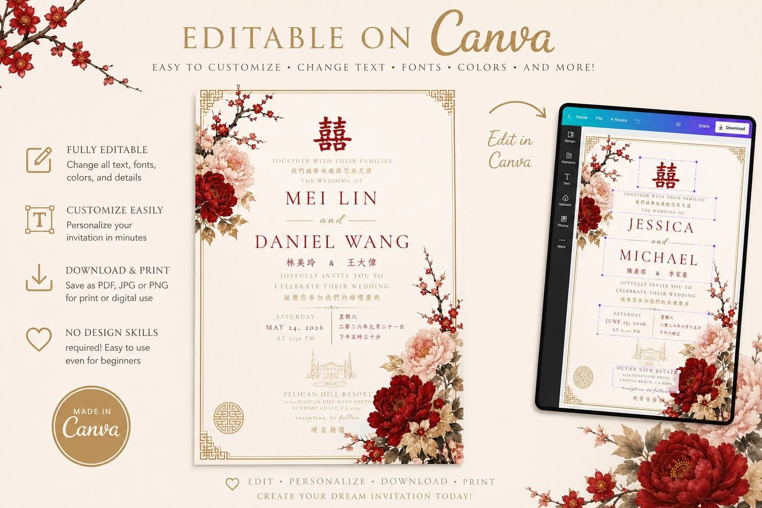 May include: Elegant wedding invitation design featuring floral accents and the names Mei Lin and Daniel Wang. The invitation is displayed on a tablet and a physical card, both showcasing a cream background with red and pink flowers. Text includes "Editable on Canva".