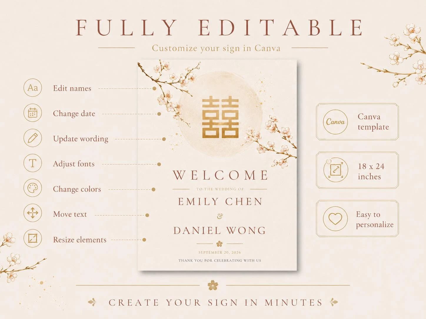 May include: A rectangular wedding welcome sign template measuring 18 by 24 inches, featuring a cream background, gold cherry blossom branches, a central gold double happiness symbol, and text reading Welcome to the wedding of Emily Chen and Daniel Wong.