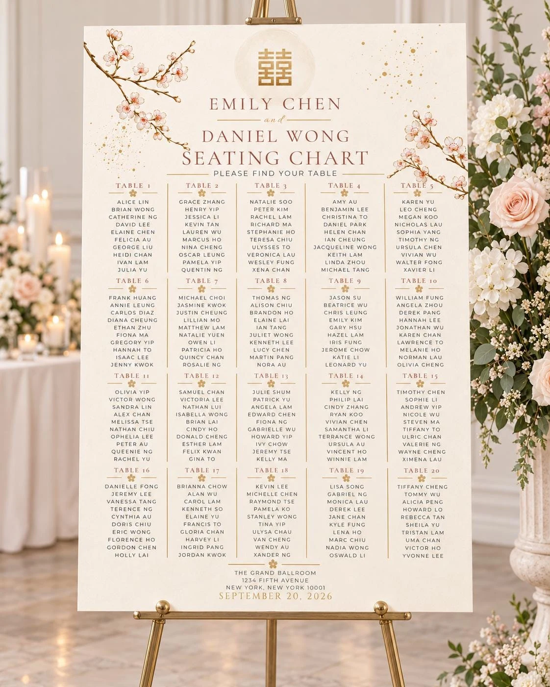 May include: A vertical wedding seating chart sign on a gold easel featuring the names Emily Chen and Daniel Wong, a double happiness symbol, and cherry blossom illustrations. The text lists twenty tables with guest names and event details.