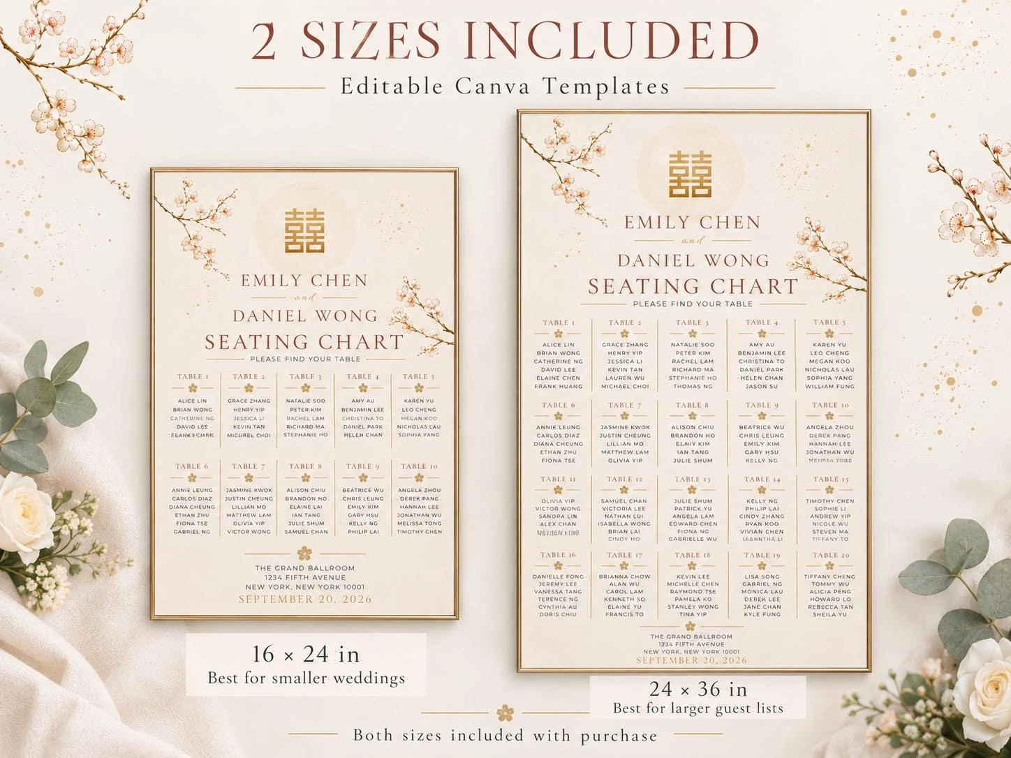May include: Two editable seating chart templates for weddings, featuring a cream background with gold cherry blossom illustrations and the double happiness symbol. The text includes names Emily Chen and Daniel Wong, with sizes 16 x 24 in and 24 x 36 in.
