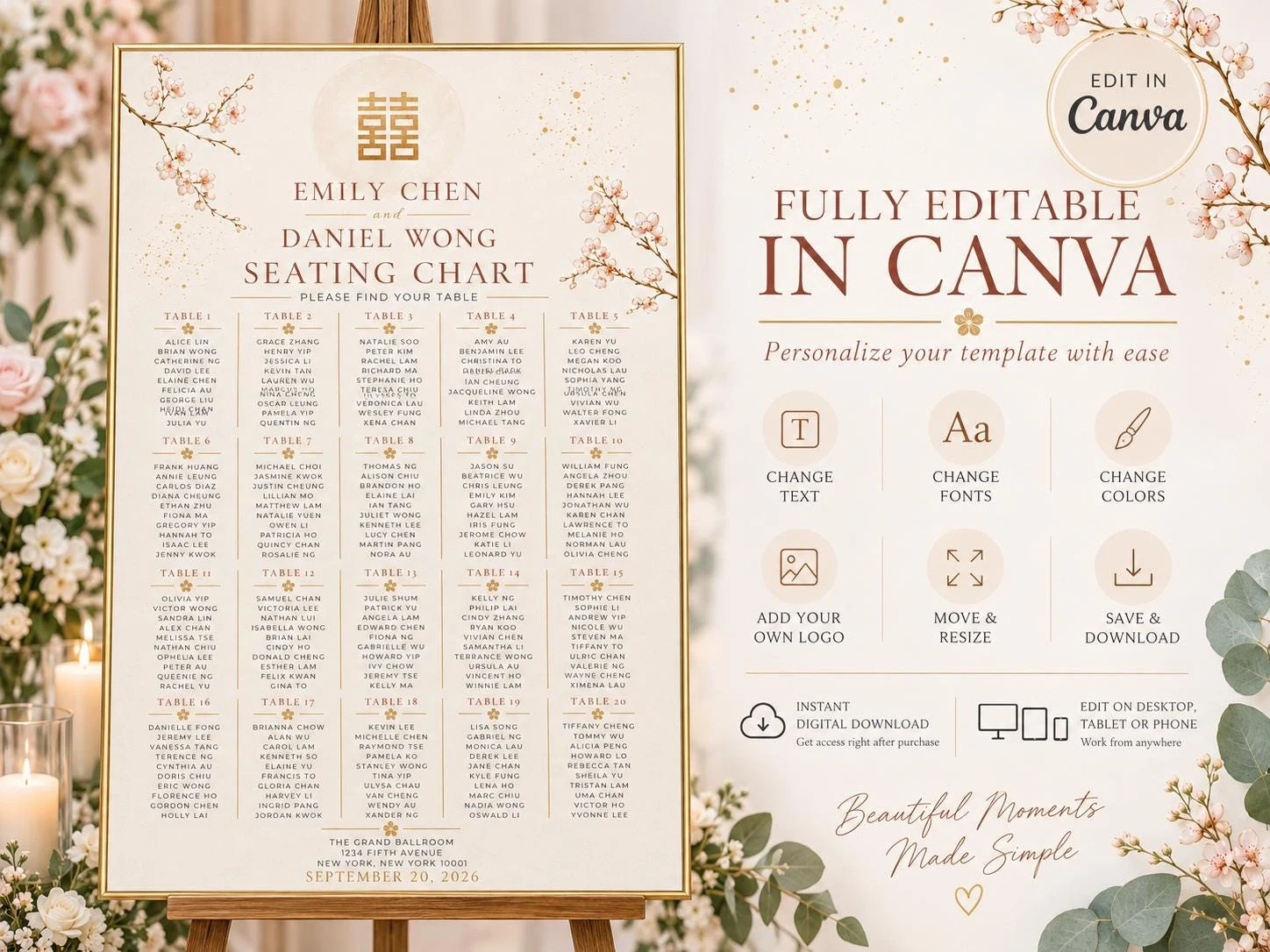 May include: A wedding seating chart template with a cream background, gold border, and cherry blossom illustrations. It features the text Emily Chen and Daniel Wong, a double happiness symbol, and table lists. The right side shows Canva editing icons.