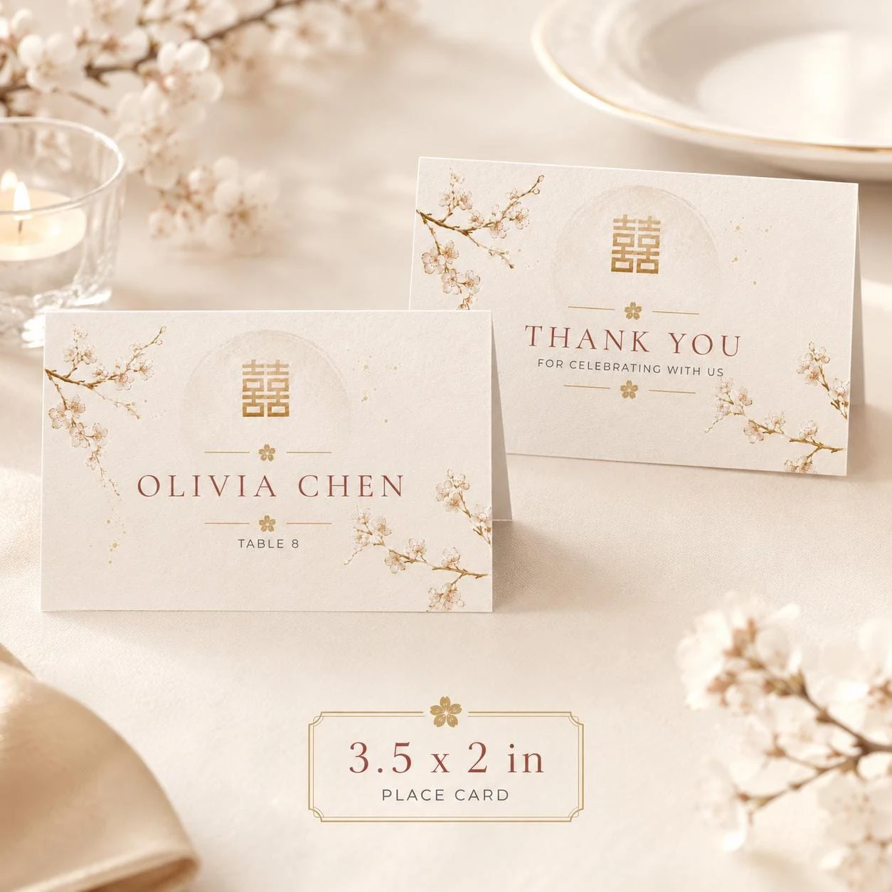May include: Two folded place cards with floral accents and the text "Olivia Chen" and "Table 8". A second card reads "Thank You for Celebrating with Us". The cards are 3.5 x 2 inches.