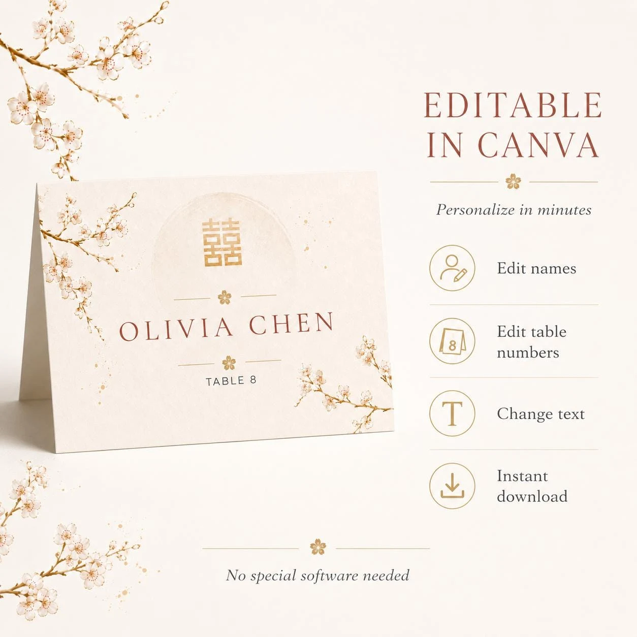 May include: A folded place card with the name "OLIVIA CHEN" and table number 8. The card has a floral design and the text "EDITABLE IN CANVA". Additional text includes "Personalize in minutes", "Edit names", "Edit table numbers", "Change text", and "Instant download".