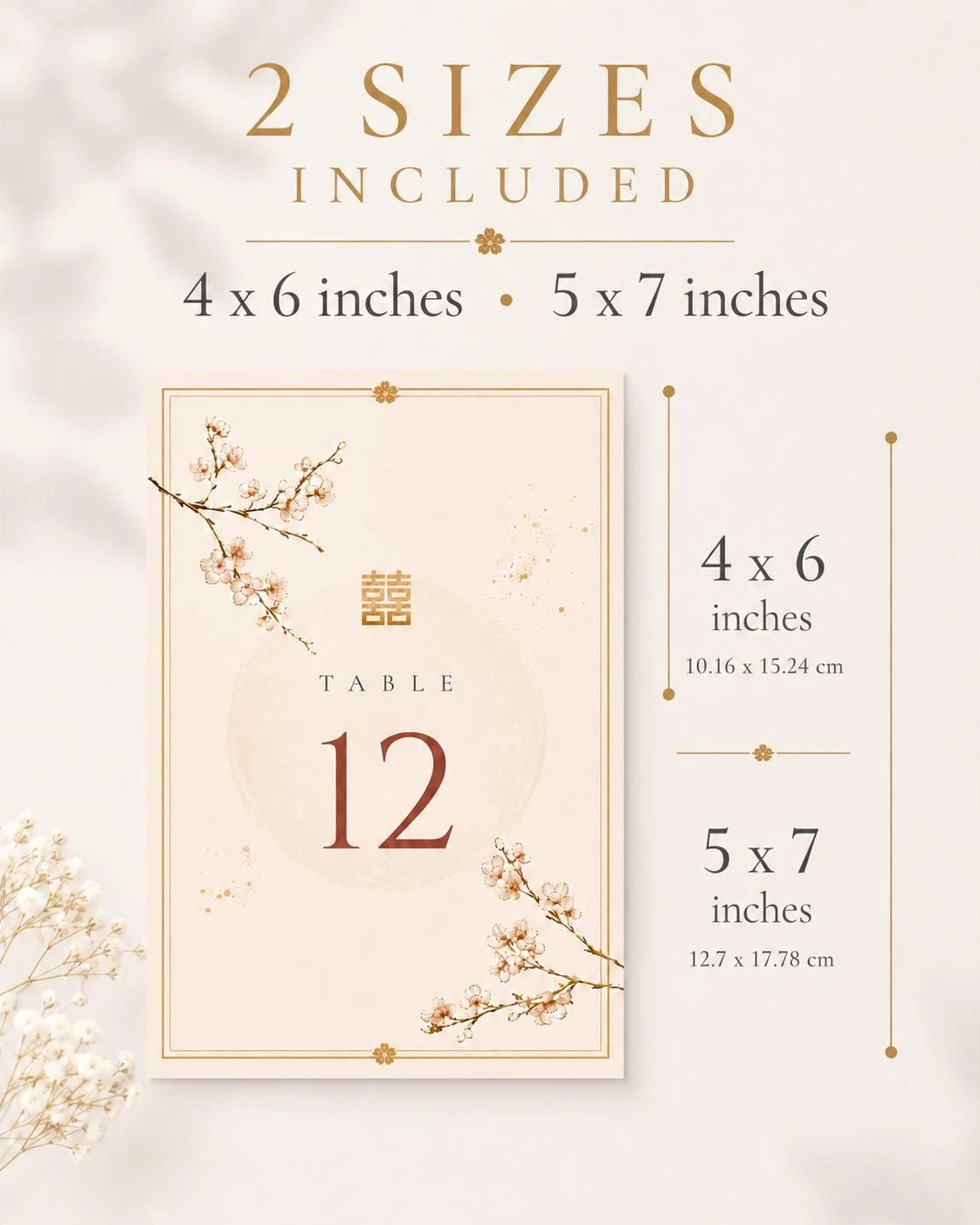 May include: A beige table number card with the number 12 in a burgundy color, framed by a gold border and floral accents. The card includes the text "TABLE" and the Chinese symbol for double happiness. The image also shows the sizes: 4 x 6 inches and 5 x 7 inches.