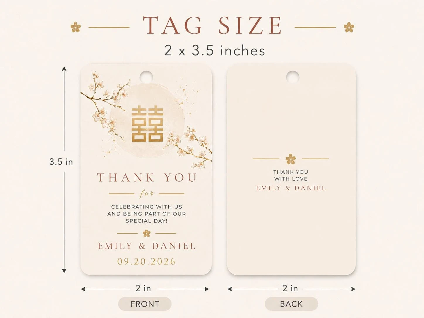 May include: Two rectangular paper tags measuring 2 by 3.5 inches. The front features a gold double happiness symbol, cherry blossom branches, and text reading Thank you for celebrating with us and being part of our special day! Emily & Daniel 09.20.2026.