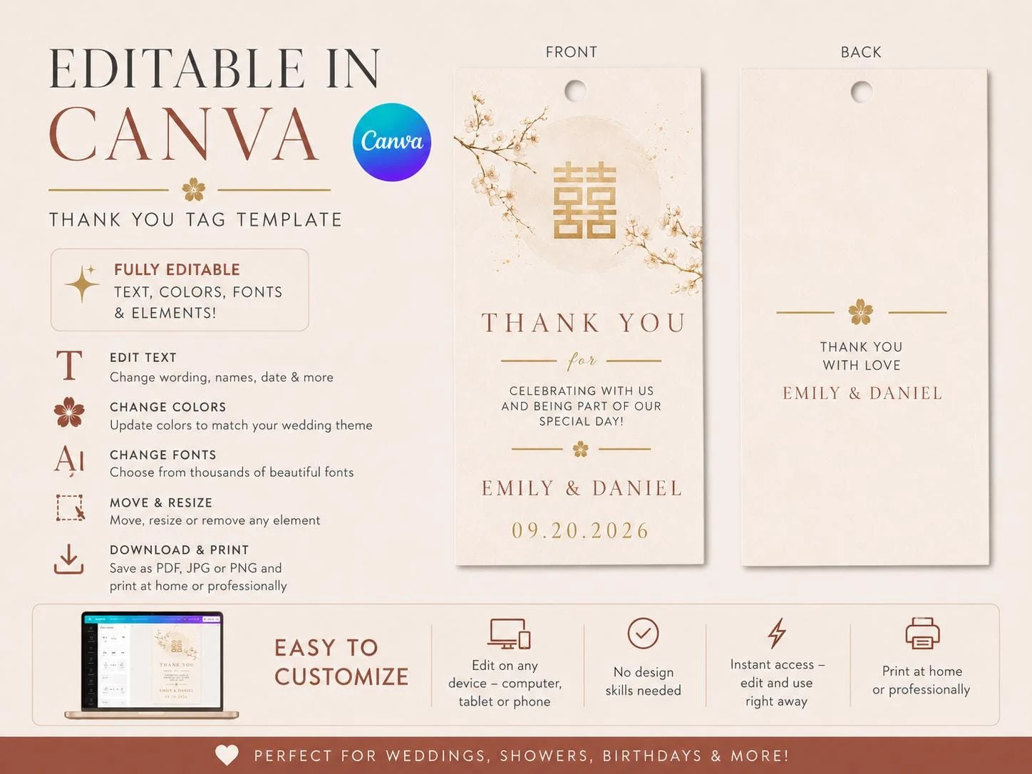May include: A digital template for wedding thank you tags featuring a cream background with gold text and cherry blossom graphics. The front displays the double happiness symbol, 'THANK YOU', and 'EMILY & DANIEL 09.20.2026'. The back shows 'THANK YOU WITH LOVE EMILY & DANIEL'.