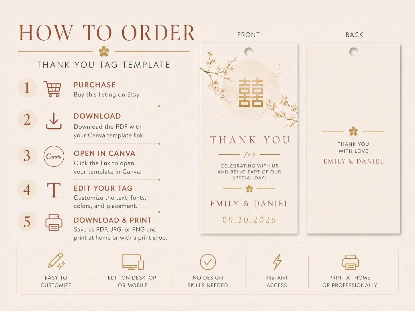 May include: A digital template for thank you tags featuring a double happiness symbol and cherry blossom branch illustration in gold on a cream background. The design includes front and back layouts with customizable text for names and dates.