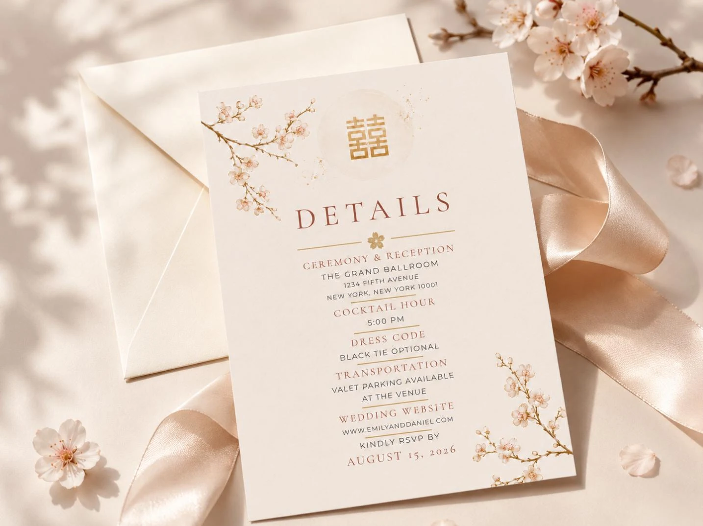 Gold Cherry Blossom Wedding Details Card
