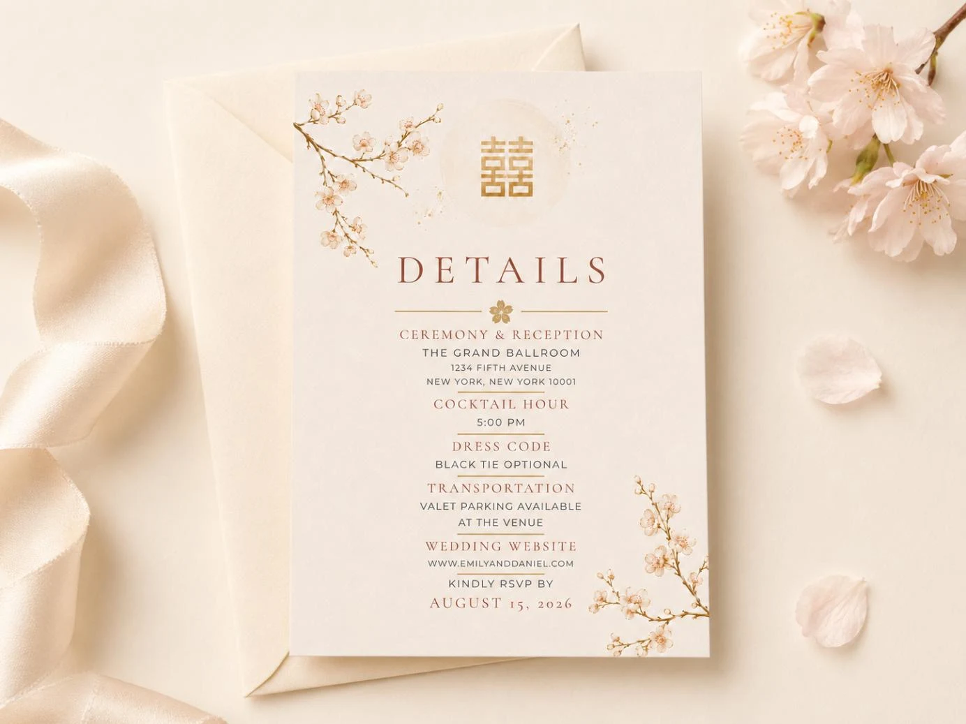 May include: A cream-colored wedding details card featuring a gold double happiness symbol, cherry blossom illustrations, and text including ceremony, reception, cocktail hour, dress code, transportation, and RSVP information for August 15, 2026.