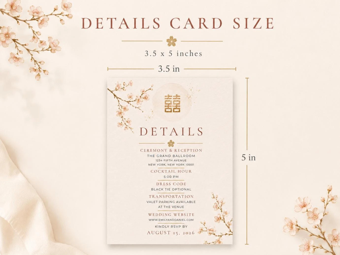 May include: A rectangular details card measuring 3.5 by 5 inches, featuring a cream background with light pink cherry blossom illustrations, a gold double happiness symbol, and dark text detailing ceremony, reception, and RSVP information.