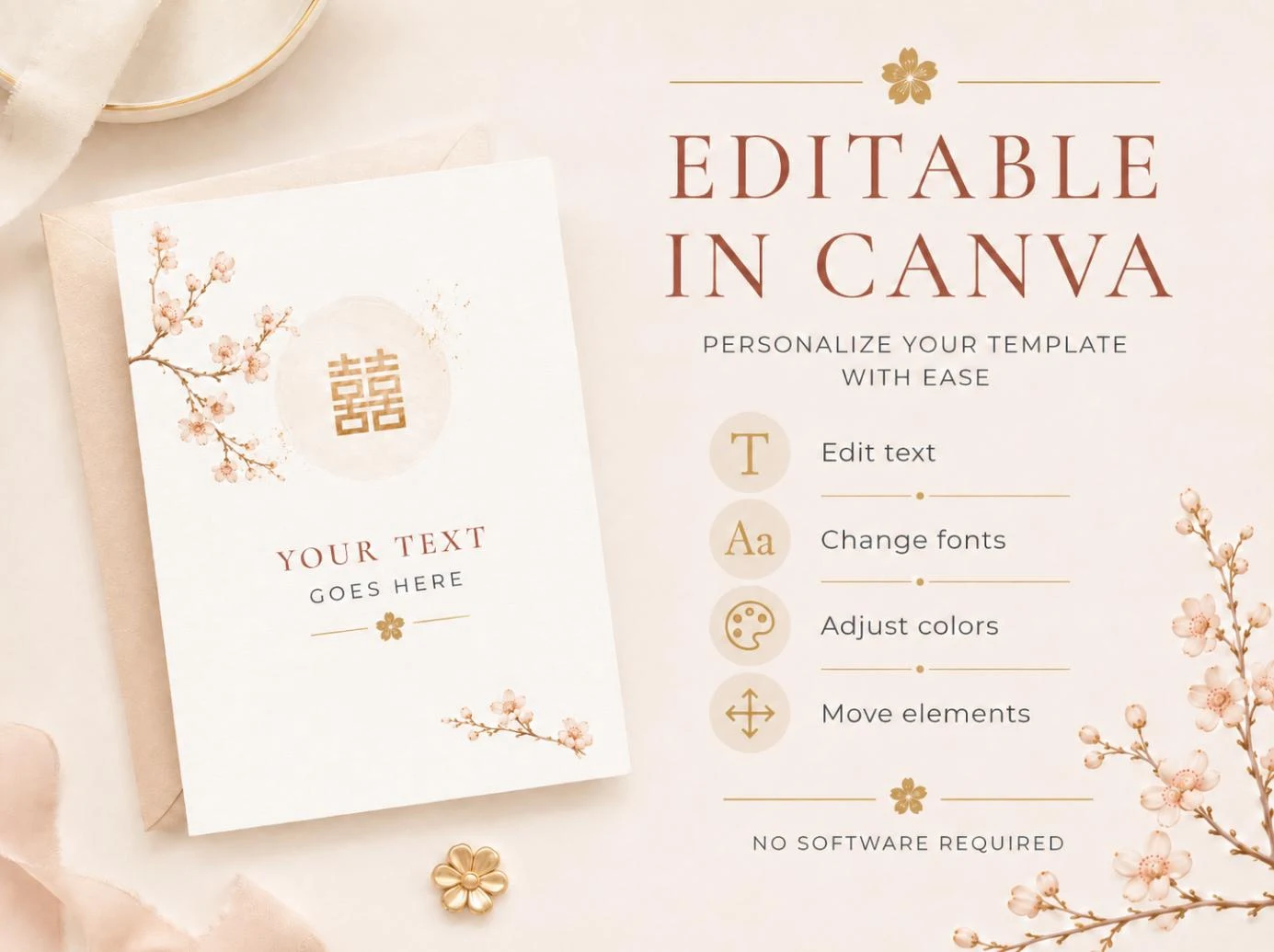 May include: A white invitation card featuring a gold double happiness symbol and cherry blossom branches. The text reads EDITABLE IN CANVA, PERSONALIZE YOUR TEMPLATE WITH EASE, Edit text, Change fonts, Adjust colors, Move elements, NO SOFTWARE REQUIRED.
