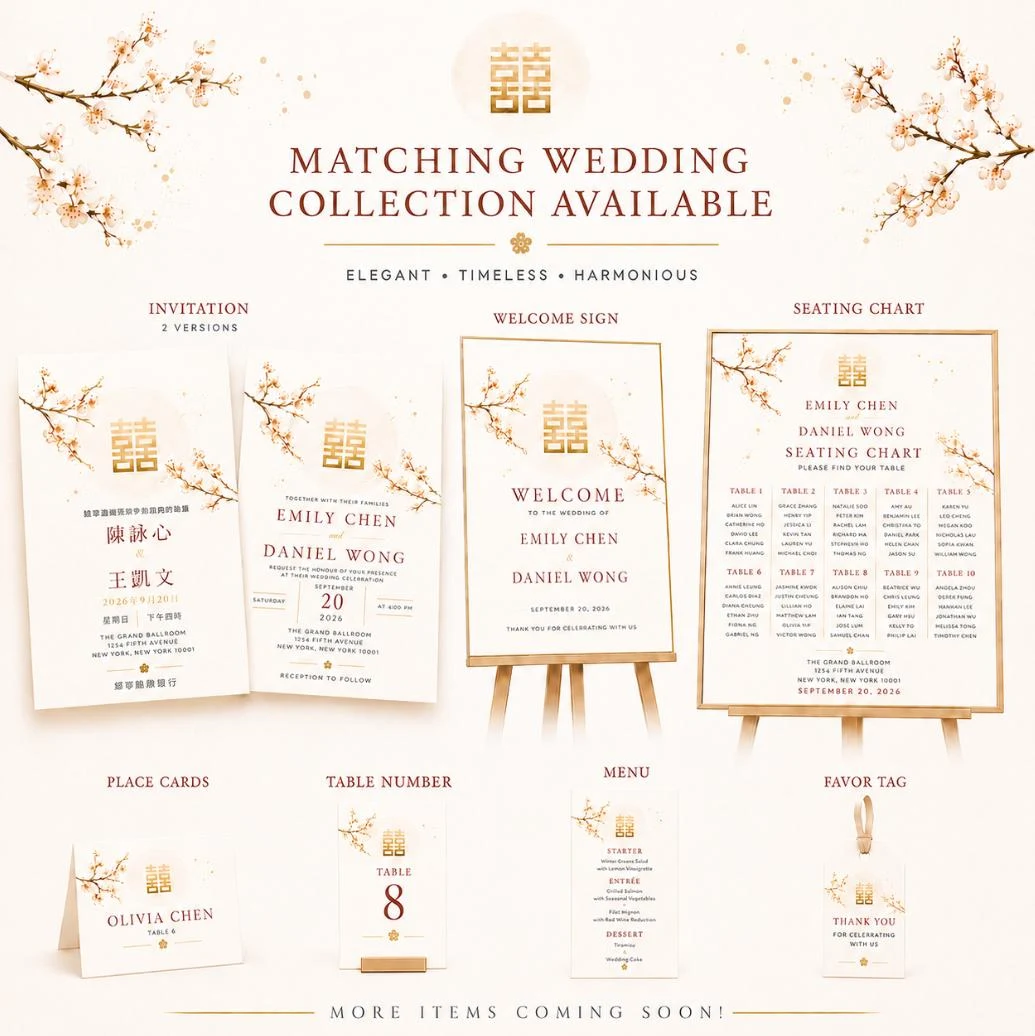 May include: A wedding stationery collection featuring white paper with gold cherry blossom branches and the double happiness symbol. Includes invitations, a welcome sign, a seating chart, place cards, table numbers, a menu, and a favor tag.