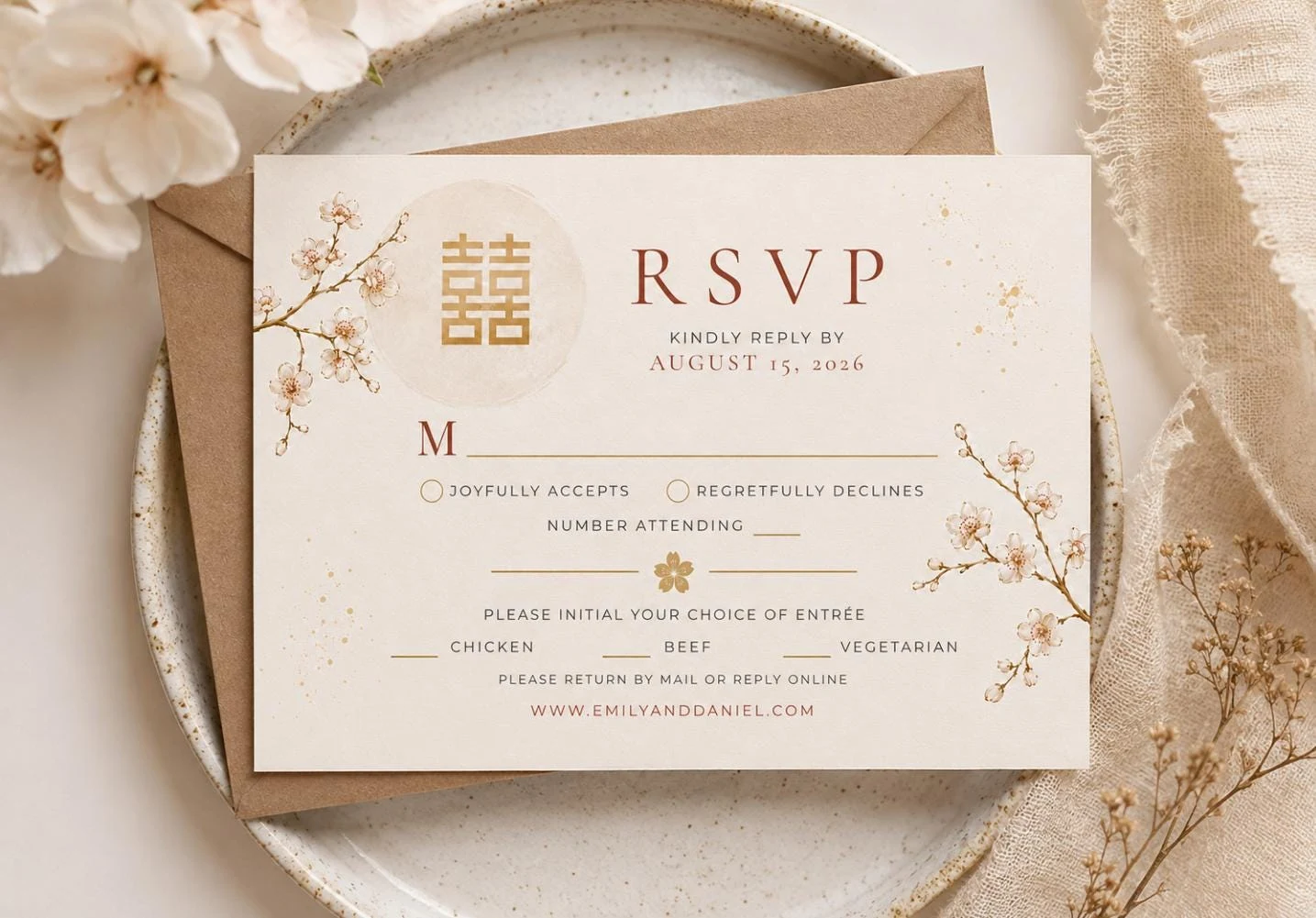 Gold Cherry Blossom Wedding RSVP Card