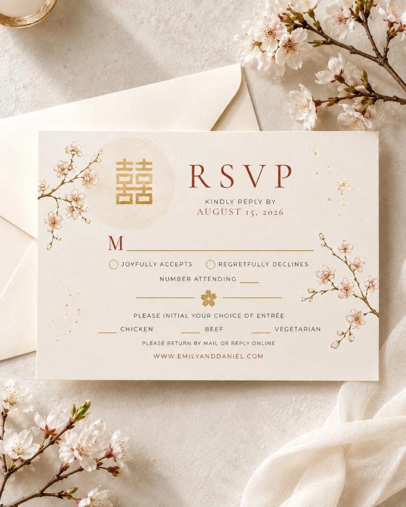 May include: A rectangular RSVP card with cream-colored paper featuring a gold double happiness symbol, cherry blossom illustrations, and dark red text. The card includes fields for guest names, attendance, and meal choices, with the URL WWW.EMILYANDDANIEL.COM.