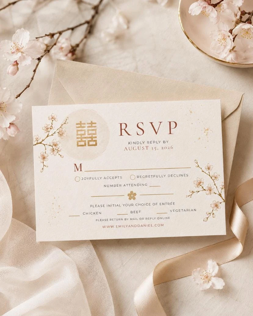 May include: A cream-colored RSVP card featuring a gold double happiness symbol, delicate cherry blossom illustrations, and dark red text. The card includes fields for guest names, attendance, and meal choices, with the URL WWW.EMILYANDDANIEL.COM.