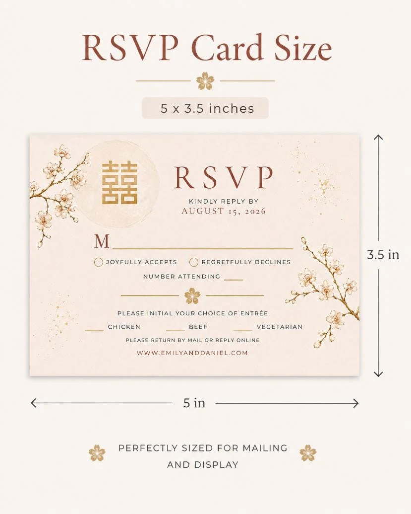 May include: A rectangular RSVP card measuring 5 x 3.5 inches with a cream background, featuring gold cherry blossom illustrations, a double happiness symbol, and text including RSVP, August 15, 2026, and the website www.emilyanddaniel.com.