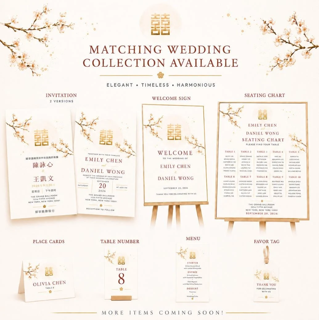 May include: A wedding stationery collection featuring white paper with gold cherry blossom branches and the double happiness symbol. Includes invitations, a welcome sign, a seating chart, place cards, table numbers, a menu, and a favor tag.