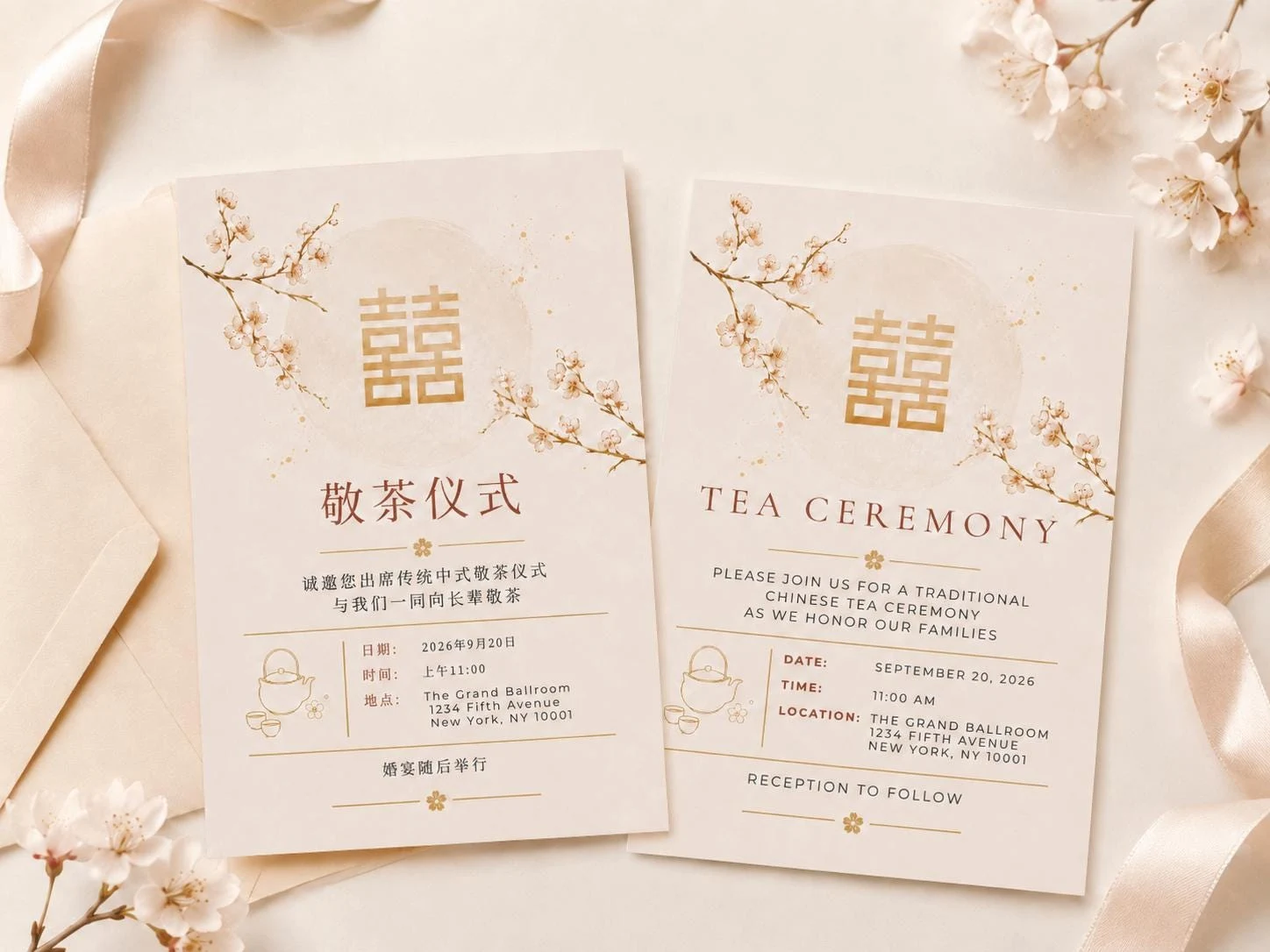 Gold Cherry Blossom Tea Ceremony Card