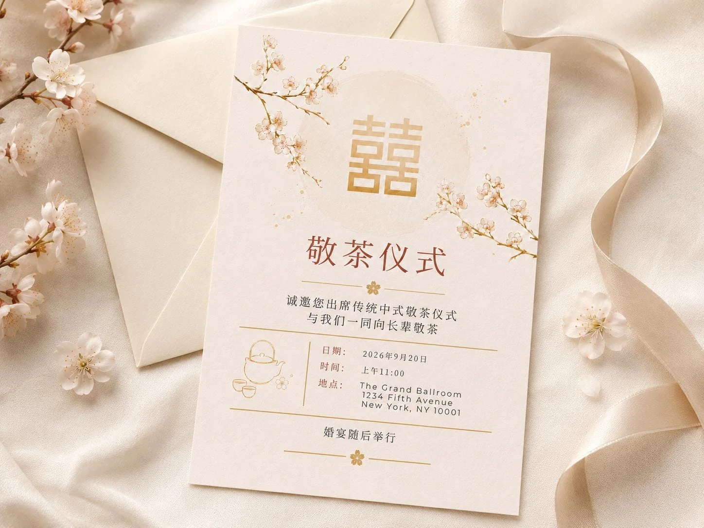 May include: A cream-colored invitation card featuring a gold double happiness symbol, cherry blossom illustrations, and Chinese text. The card includes details for a tea ceremony on September 20, 2026, at 11:00 AM at The Grand Ballroom, New York, NY.