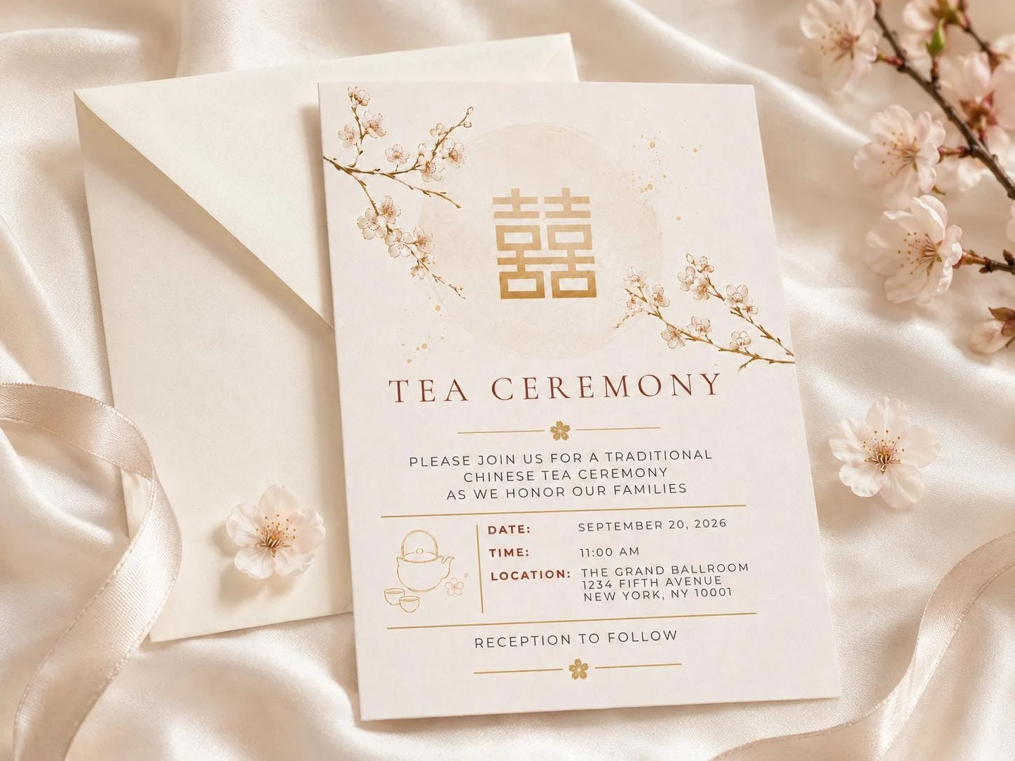 May include: A cream-colored invitation card and matching envelope featuring a gold double happiness symbol, cherry blossom illustrations, and the text TEA CEREMONY, PLEASE JOIN US FOR A TRADITIONAL CHINESE TEA CEREMONY, DATE: SEPTEMBER 20, 2026, TIME: 11:00 AM, LOCATION: THE GRAND BALLROOM 1234 FIFTH AVENUE NEW YORK, NY 10001, RECEPTION TO FOLLOW.